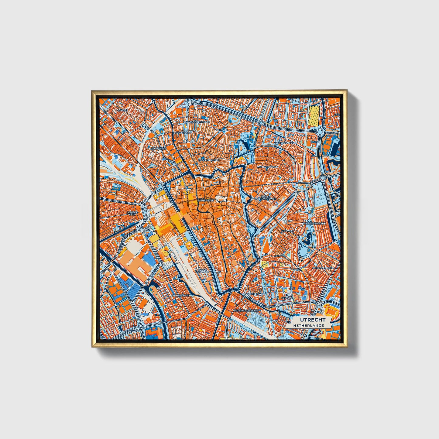 Utrecht Netherlands Colorful City Map Canvas Print • Gold Framed