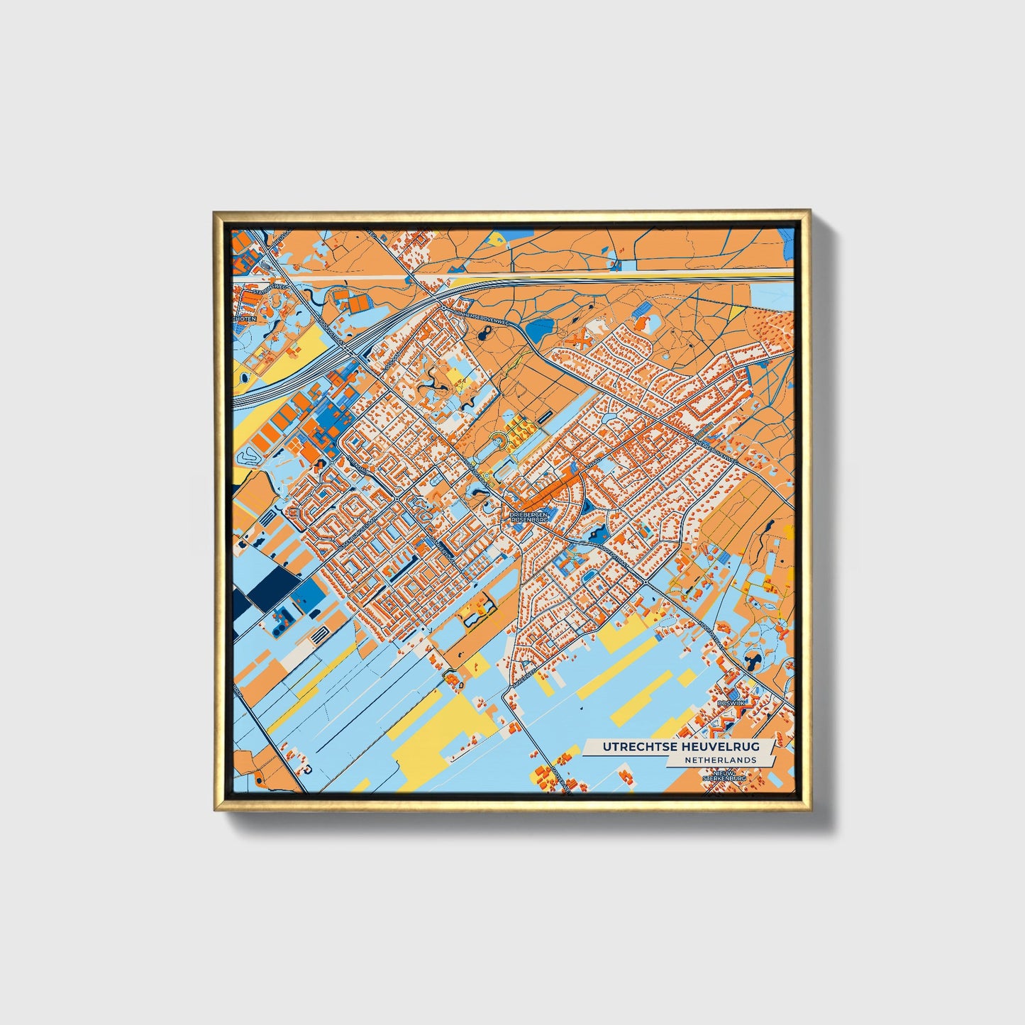 Utrechtseheuvelrug Netherlands Colorful City Map Canvas Print • Gold Framed