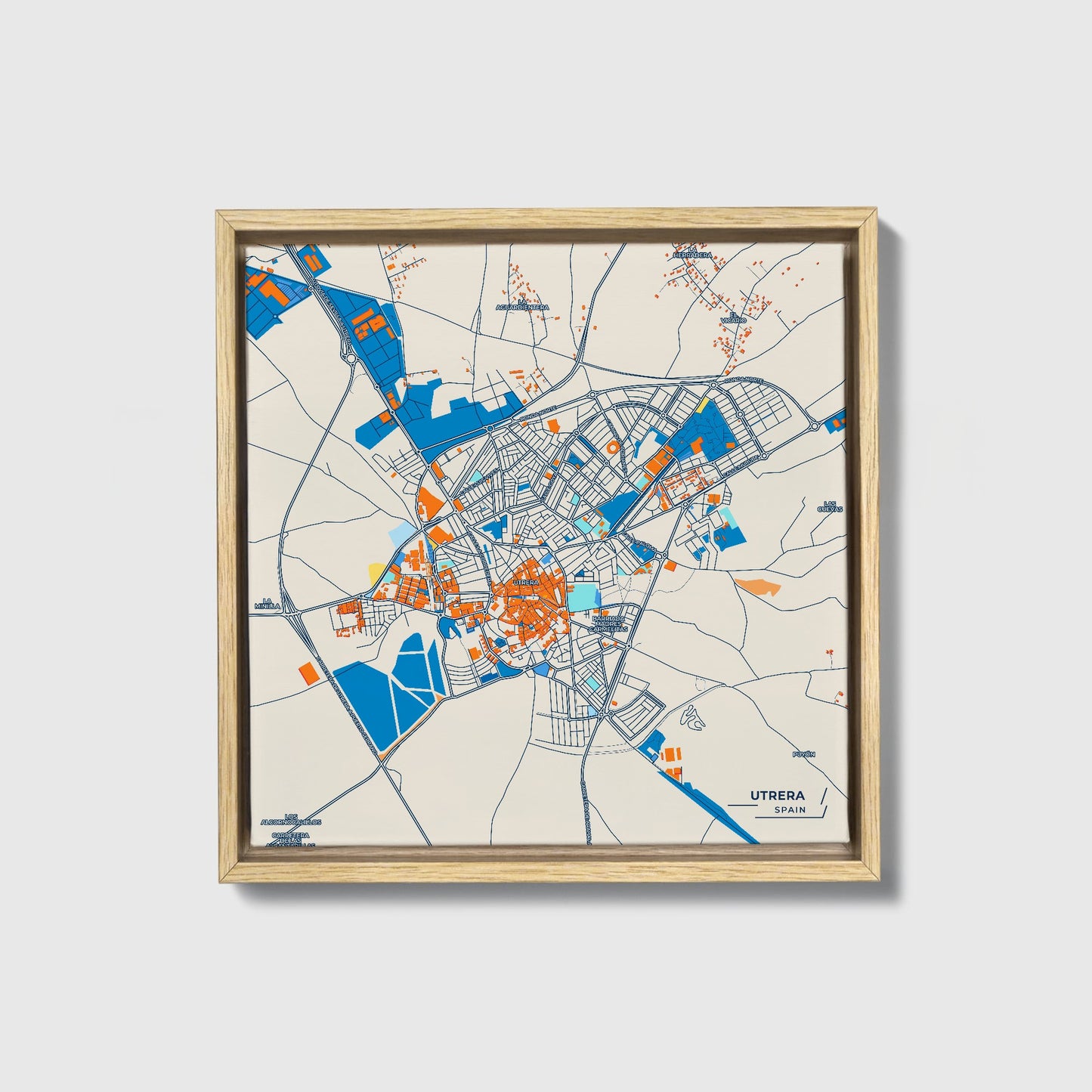 Utrera Spain Colorful City Map Canvas Print • Natural Wooden Framed