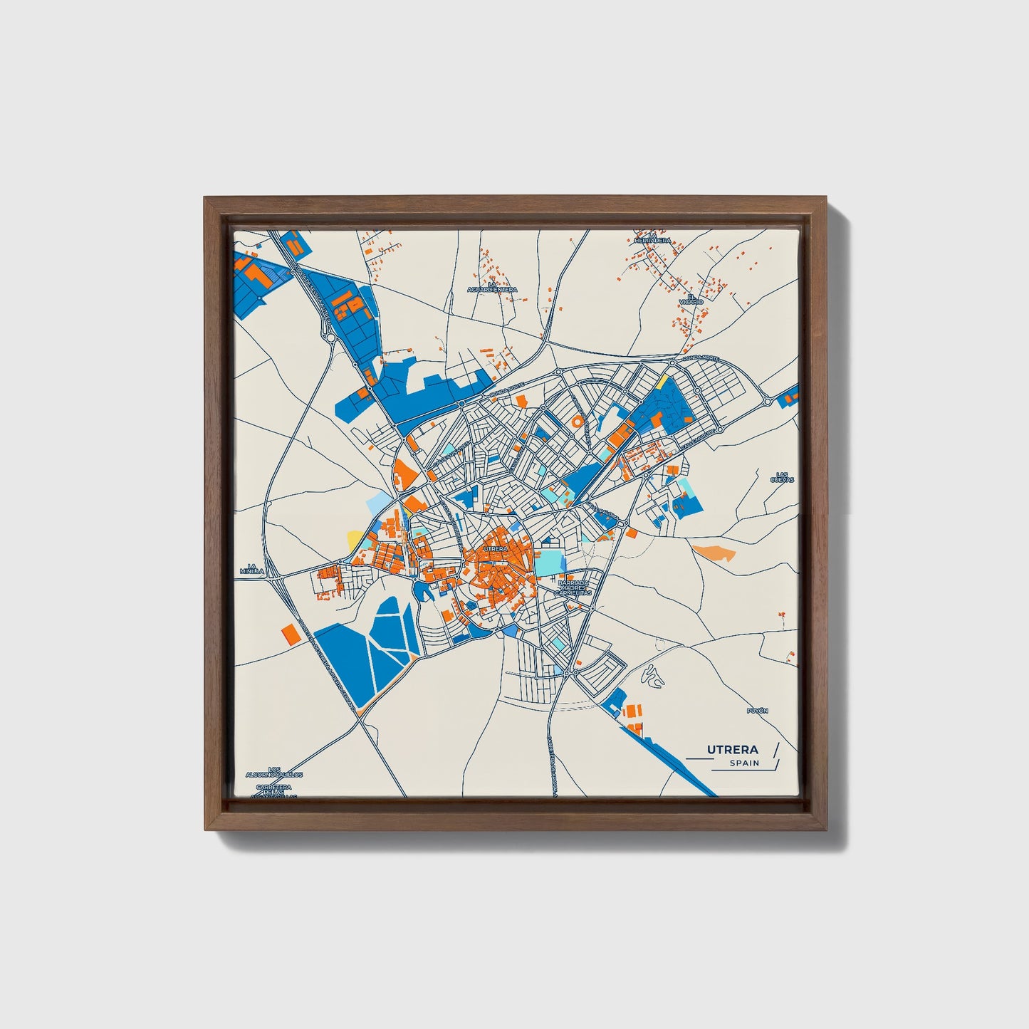 Utrera Spain Colorful City Map Canvas Print • Dark Wooden Framed
