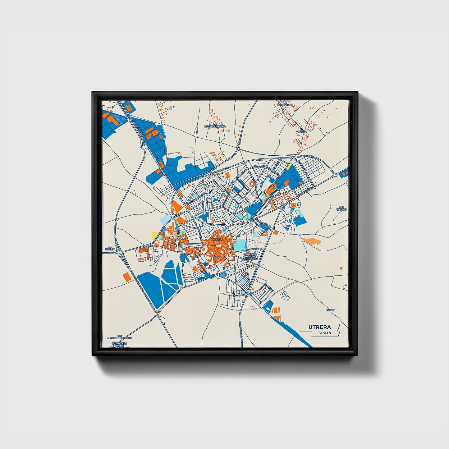 Utrera Spain Colorful City Map Canvas Print • Black Framed