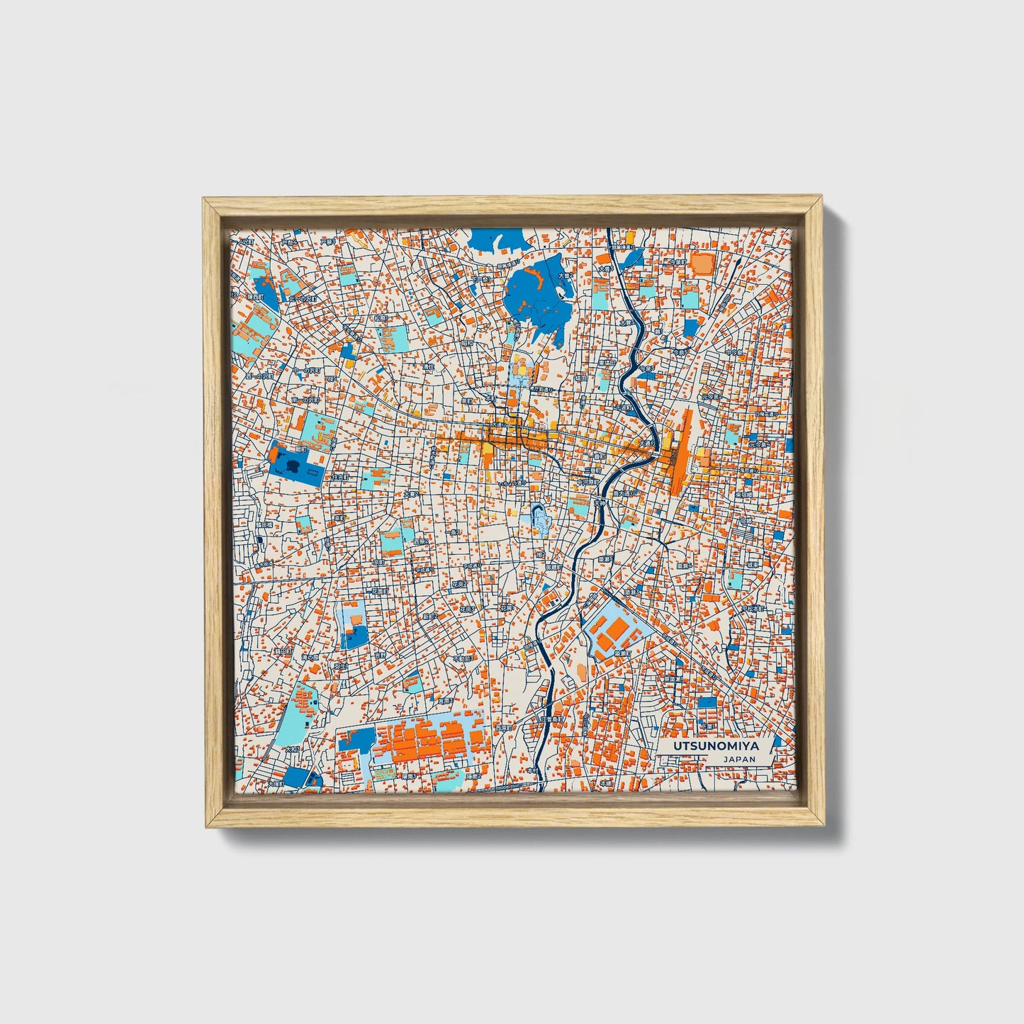 Utsunomiya Japan Colorful City Map Canvas Print • Natural Wooden Framed