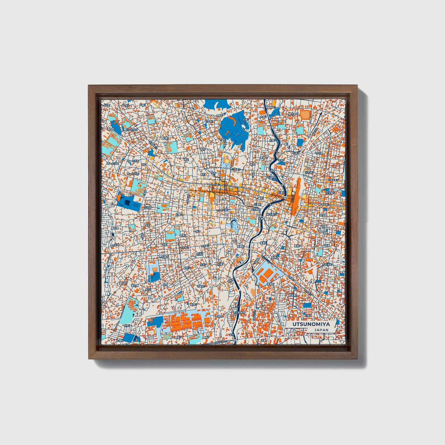 Utsunomiya Japan Colorful City Map Canvas Print • Dark Wooden Framed