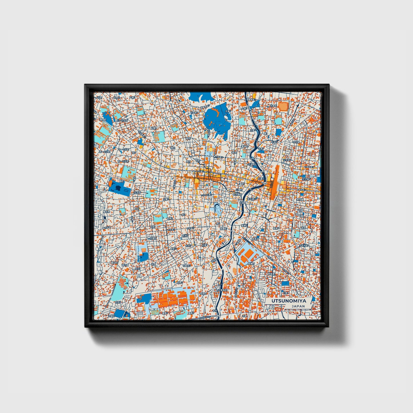 Utsunomiya Japan Colorful City Map Canvas Print • Black Framed