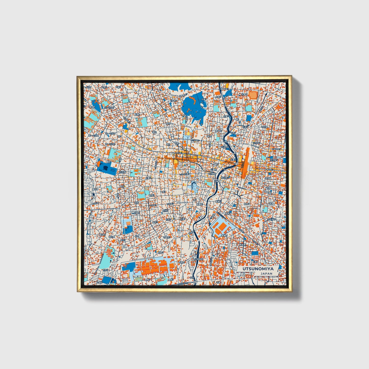 Utsunomiya Japan Colorful City Map Canvas Print • Gold Framed