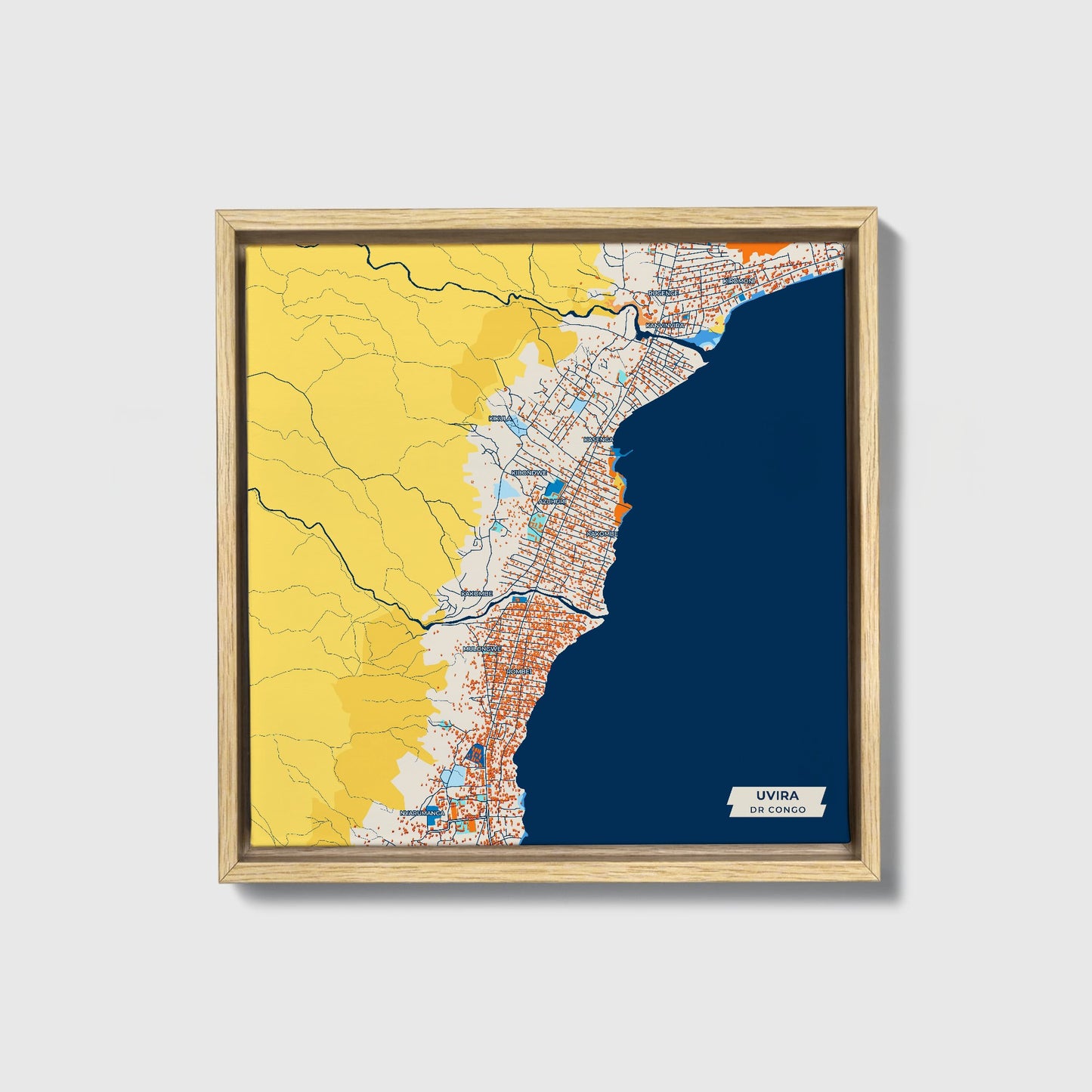 Uvira Dr Congo Colorful City Map Canvas Print • Natural Wooden Framed