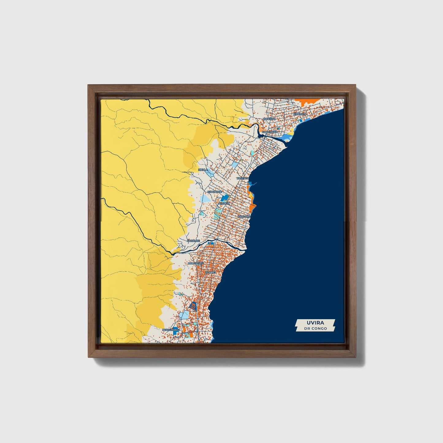 Uvira Dr Congo Colorful City Map Canvas Print • Dark Wooden Framed