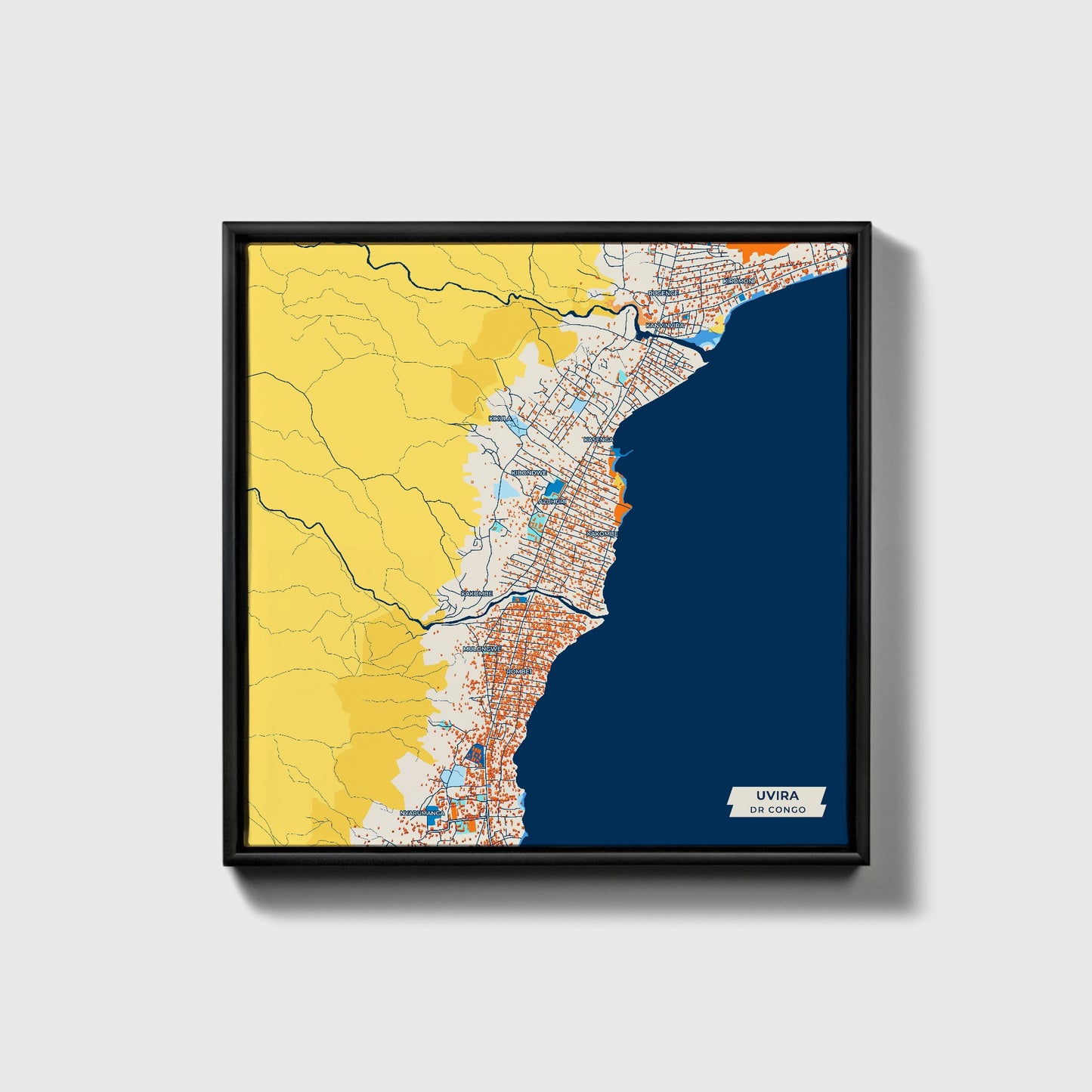 Uvira Dr Congo Colorful City Map Canvas Print • Black Framed