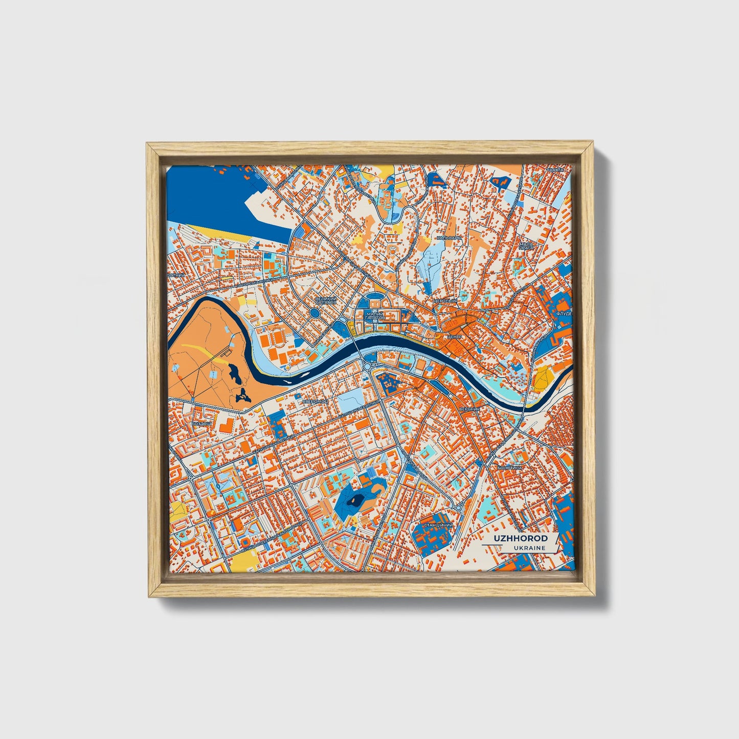 Ужород Ukraine Colorful City Map Canvas Print • Natural Wooden Framed