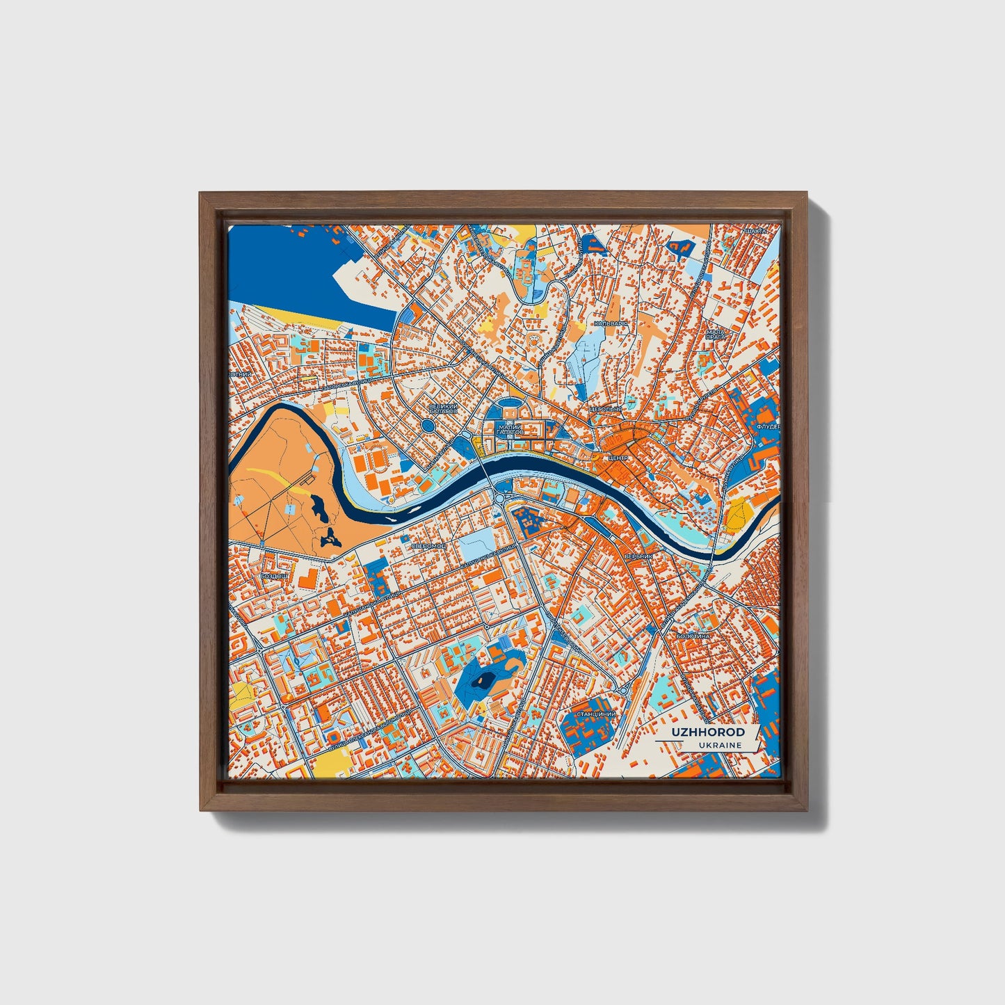 Ужород Ukraine Colorful City Map Canvas Print • Dark Wooden Framed