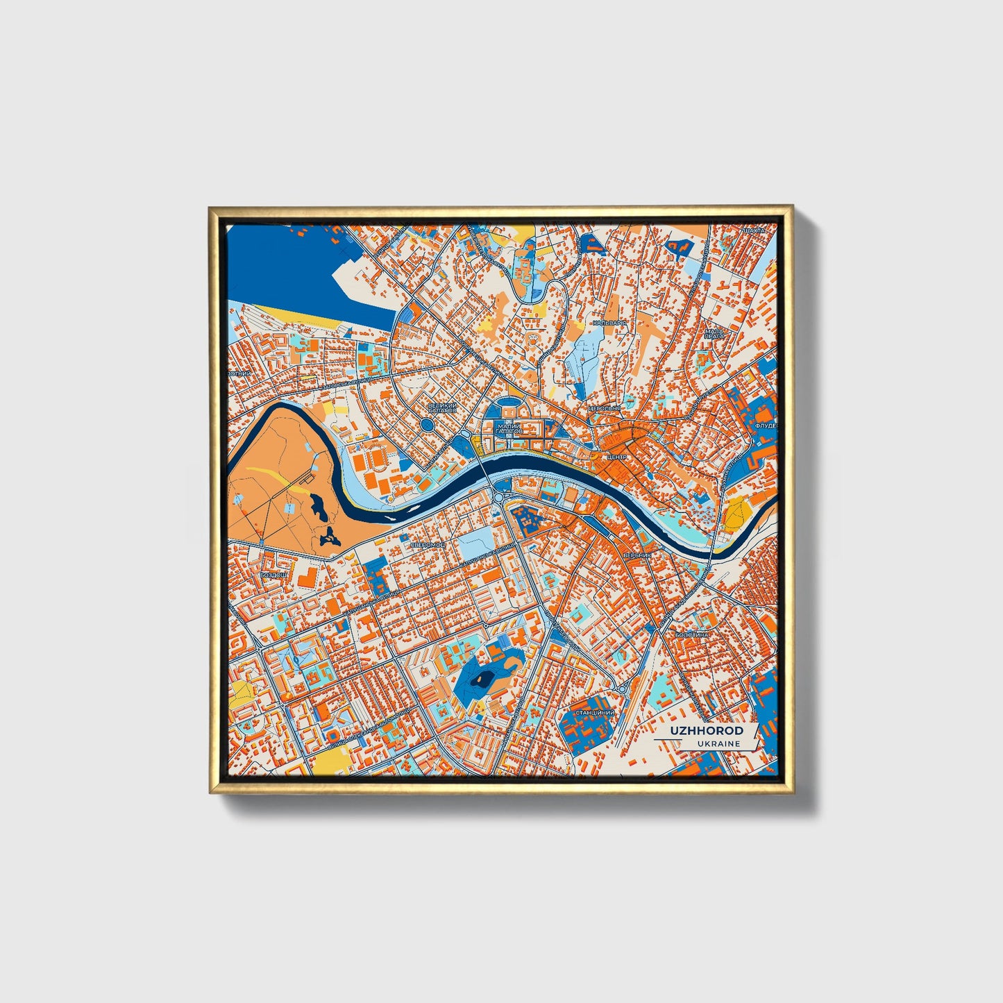 Ужород Ukraine Colorful City Map Canvas Print • Gold Framed