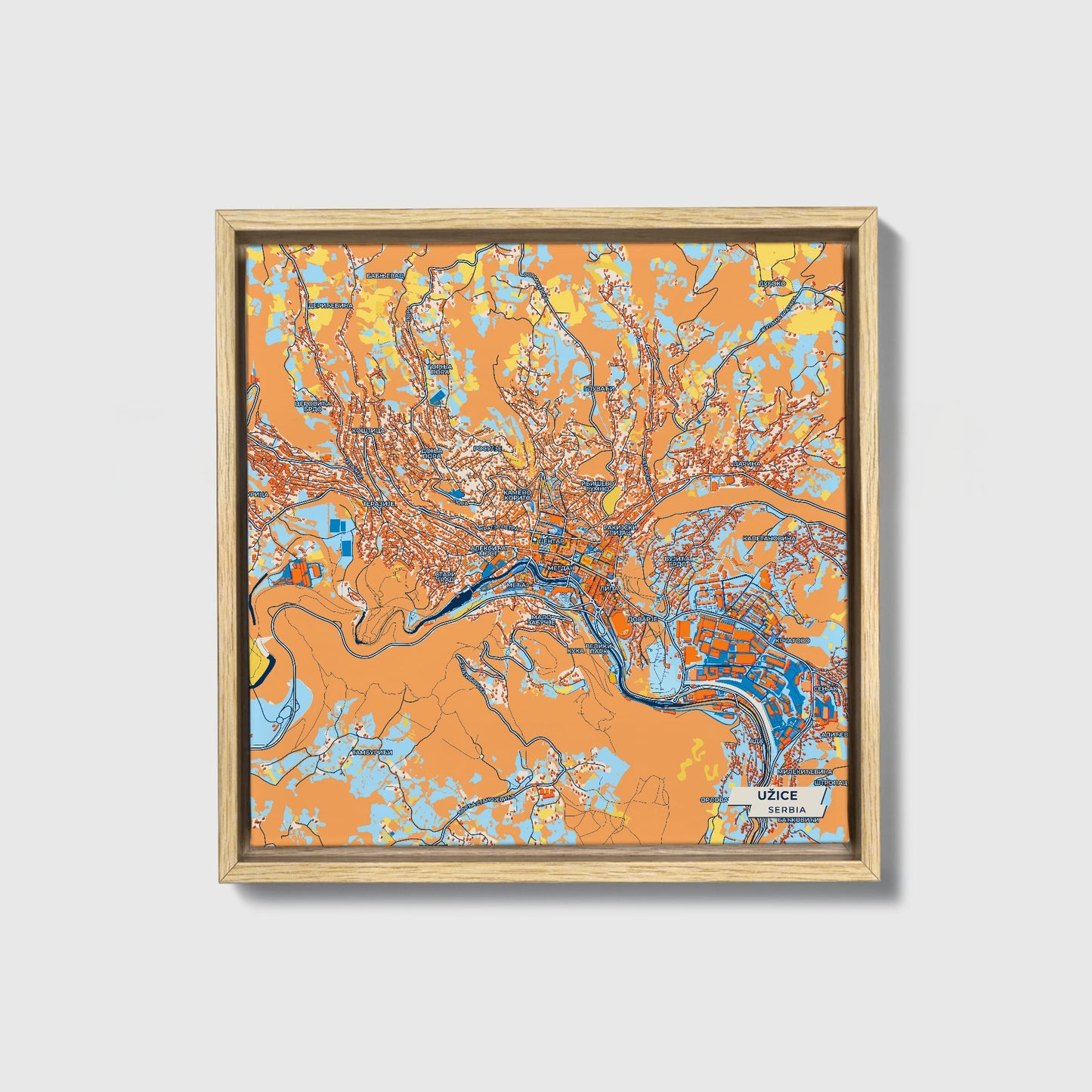 Ужице Serbia Colorful City Map Canvas Print • Natural Wooden Framed
