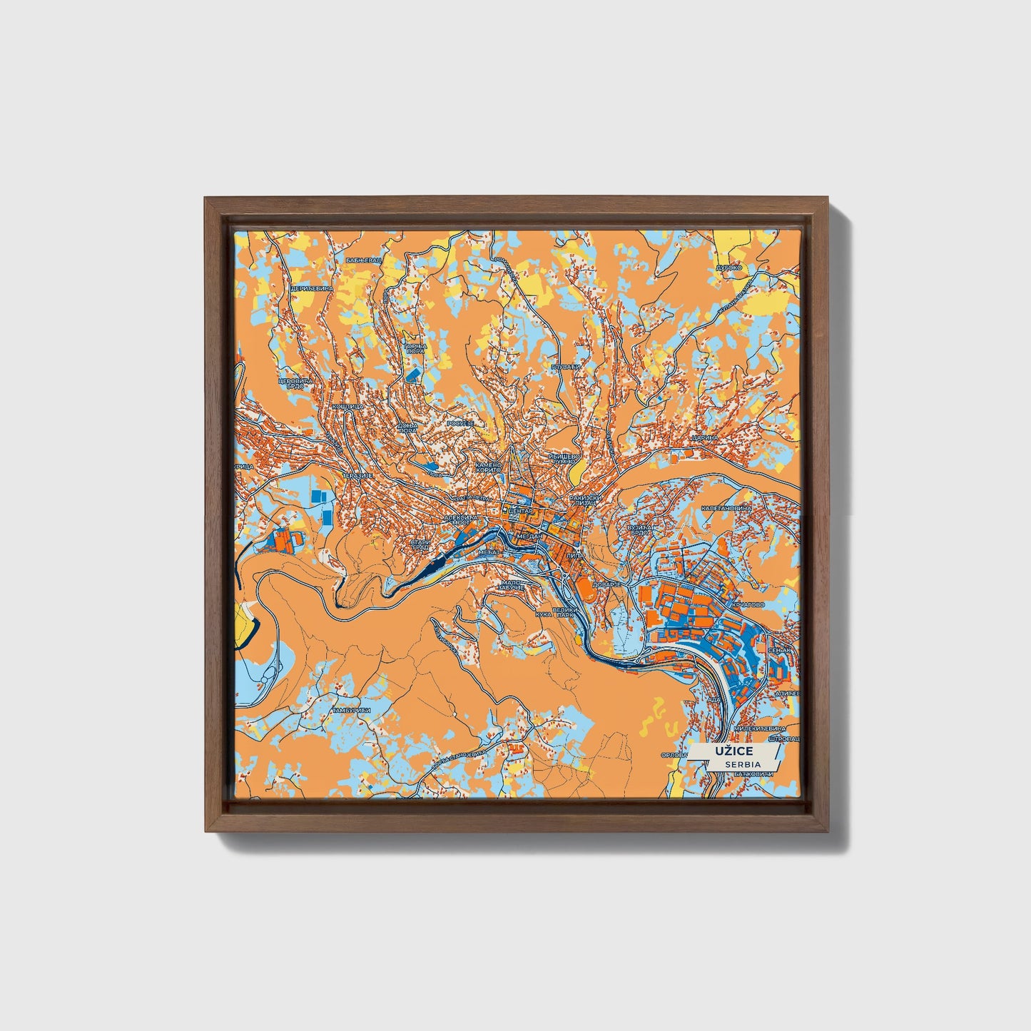 Ужице Serbia Colorful City Map Canvas Print • Dark Wooden Framed