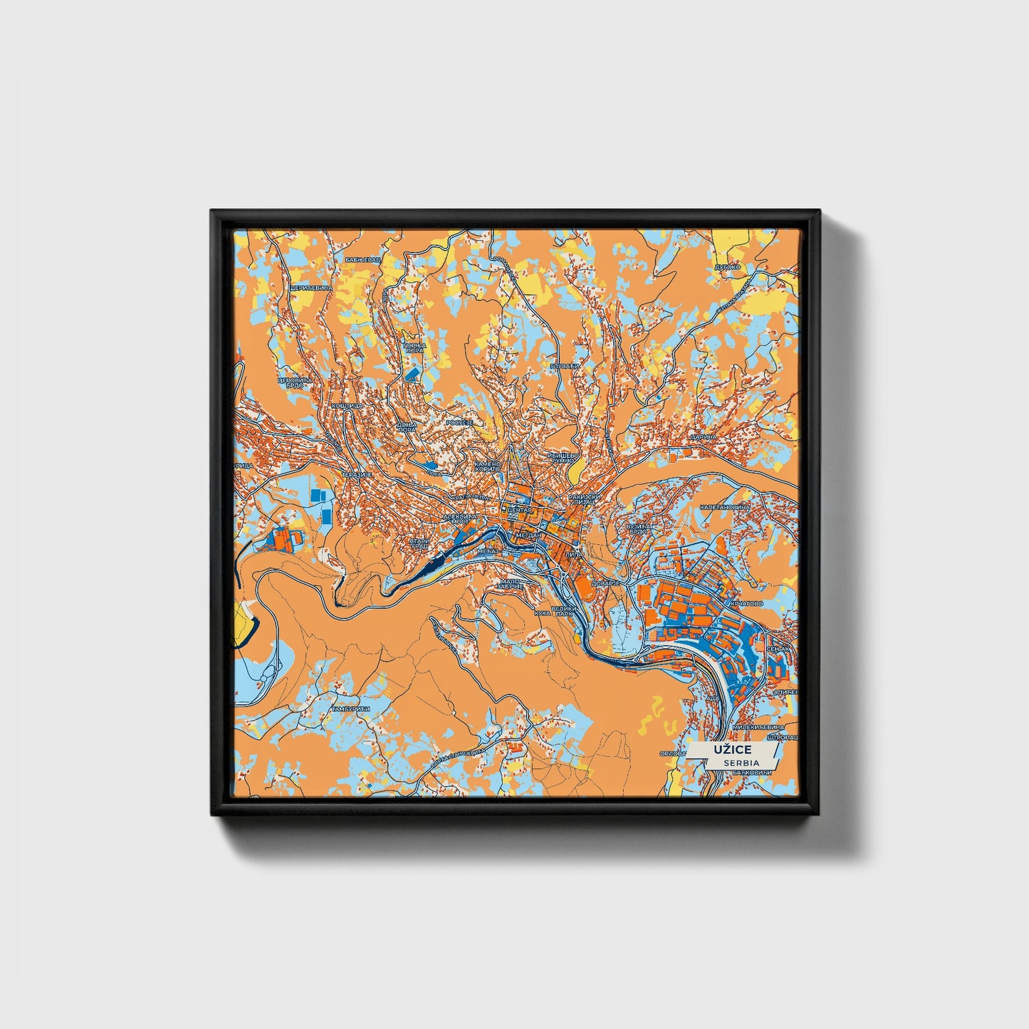 Ужице Serbia Colorful City Map Canvas Print • Black Framed