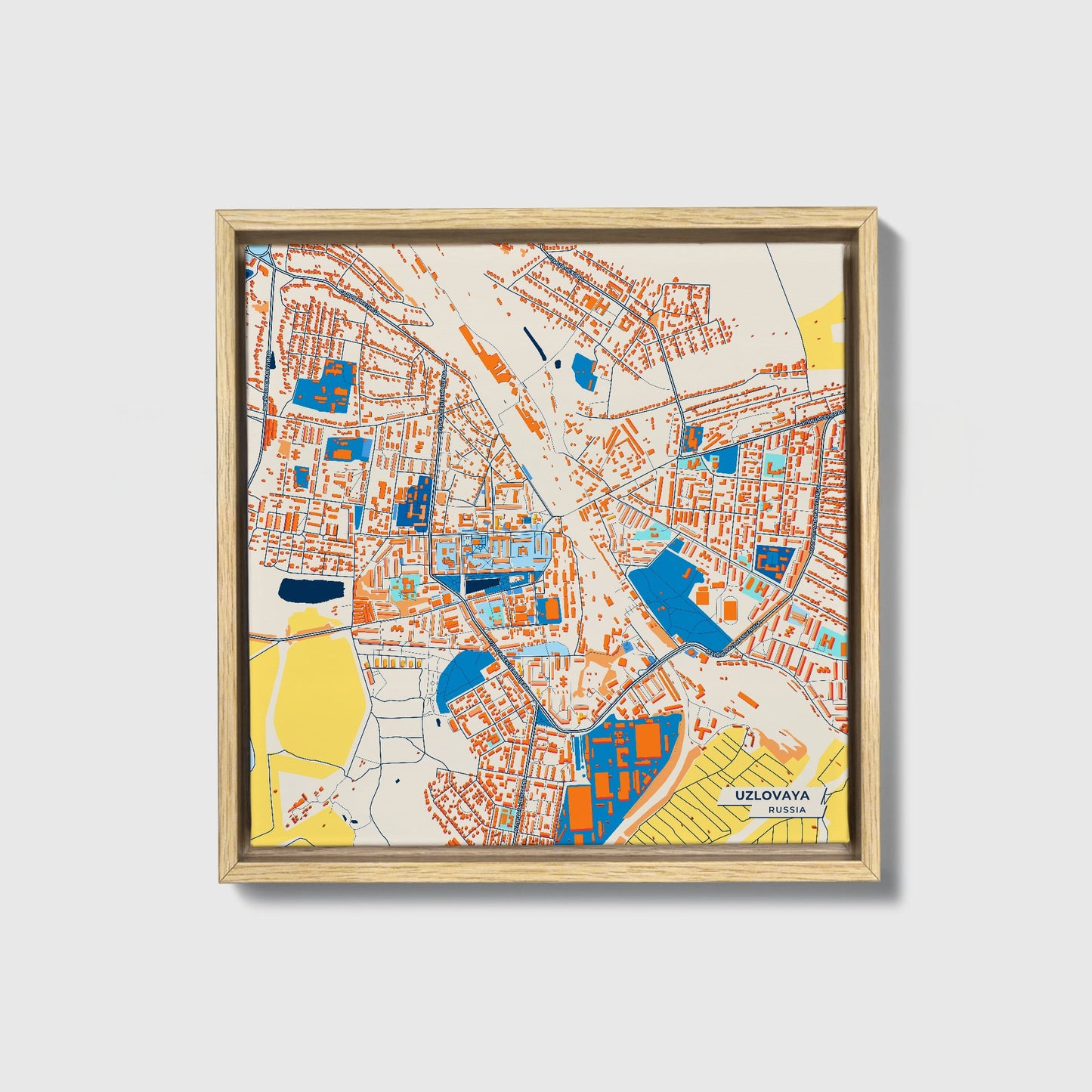 Узловая Russia Colorful City Map Canvas Print • Natural Wooden Framed