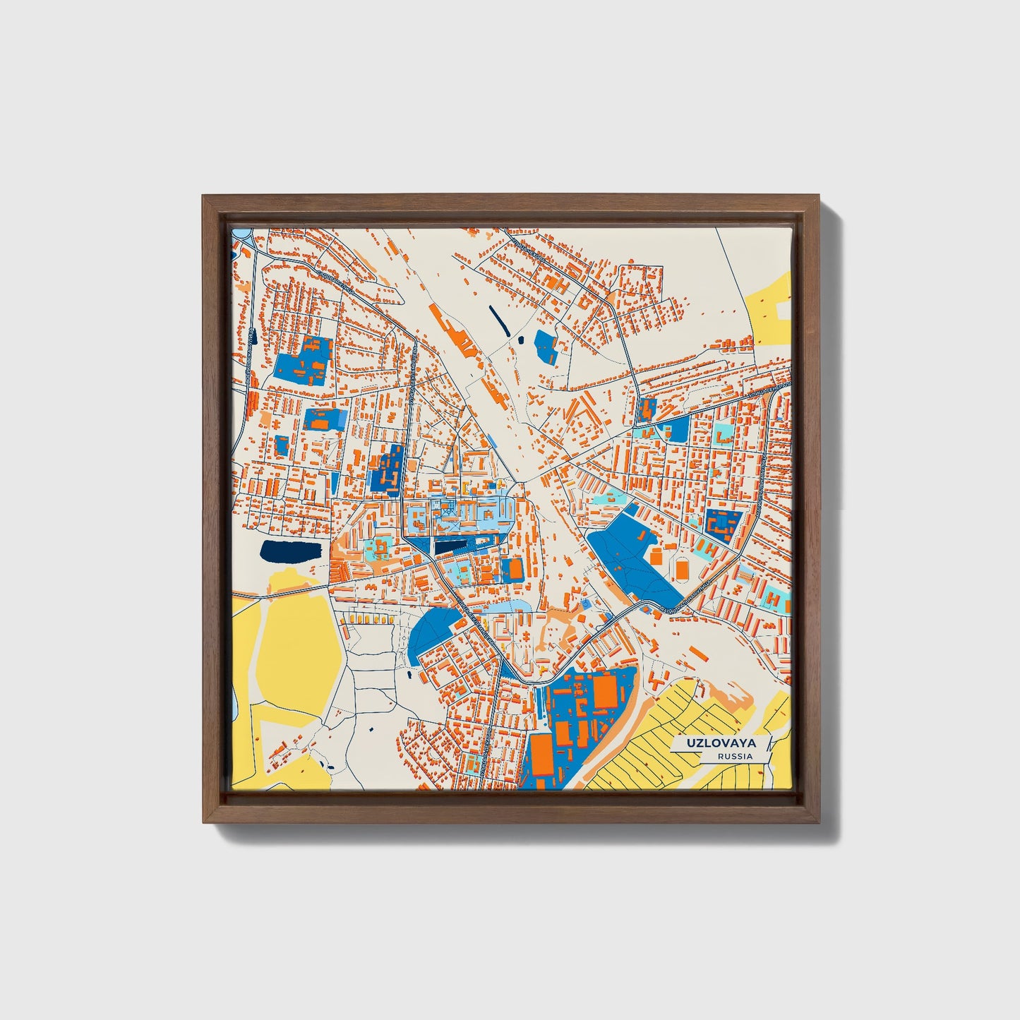 Узловая Russia Colorful City Map Canvas Print • Dark Wooden Framed