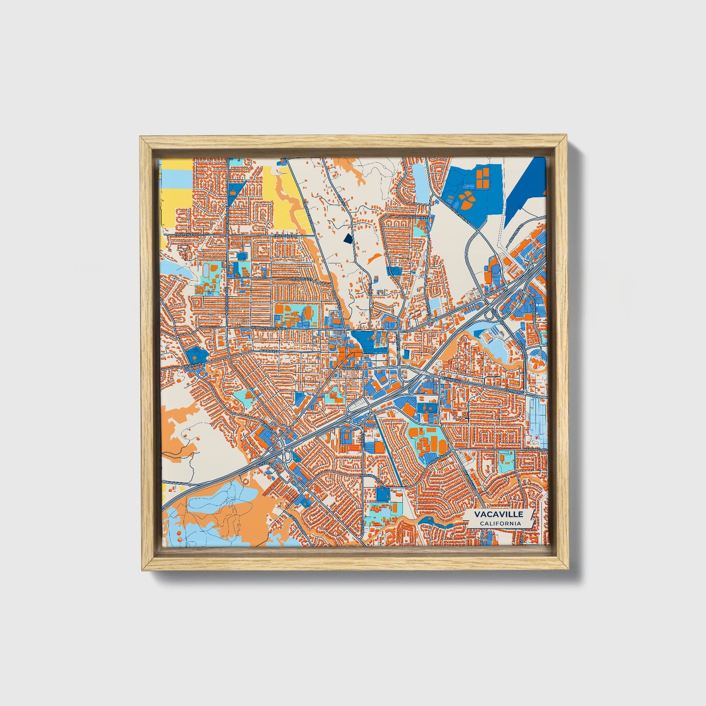 Vacaville California Colorful City Map Canvas Print • Natural Wooden Framed