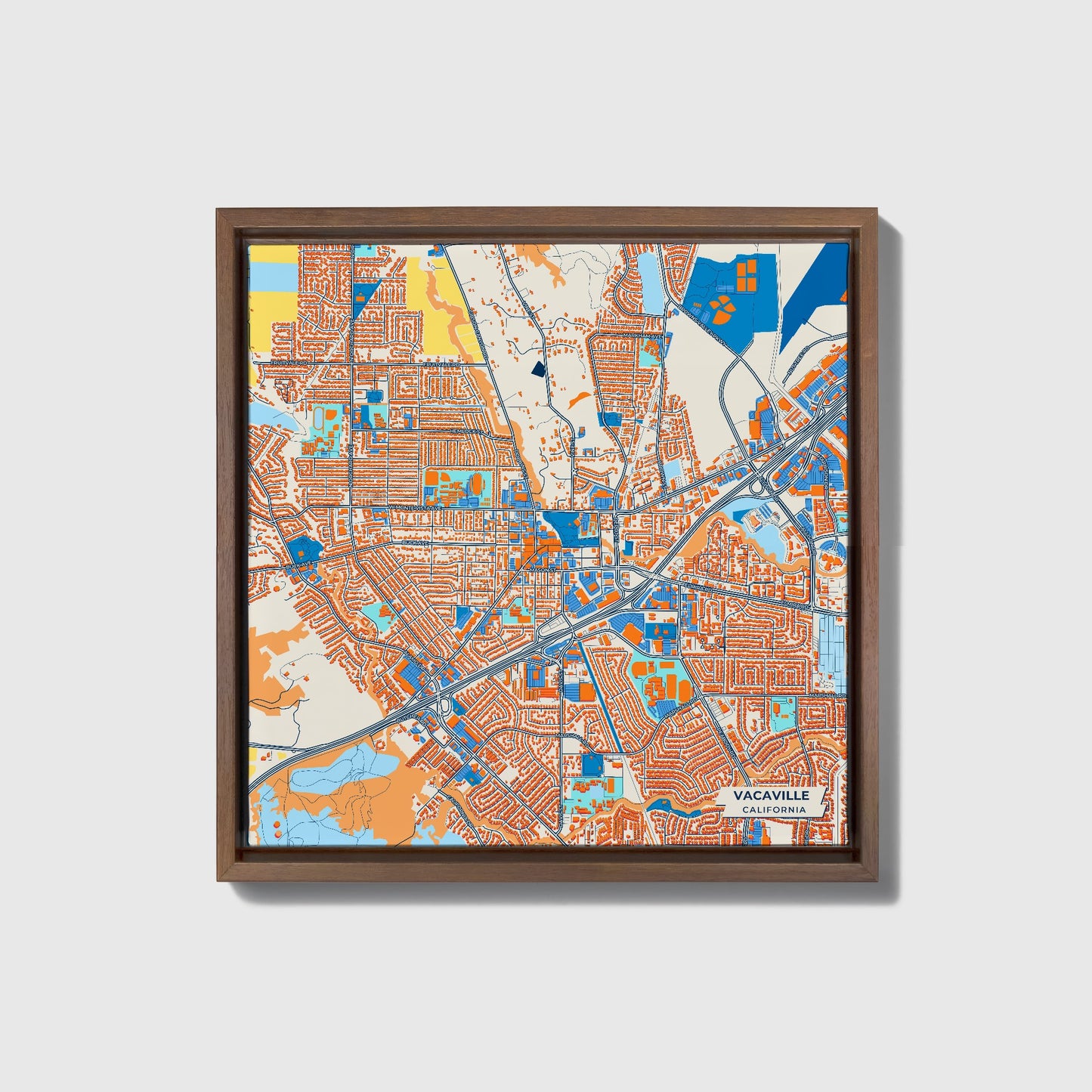 Vacaville California Colorful City Map Canvas Print • Dark Wooden Framed