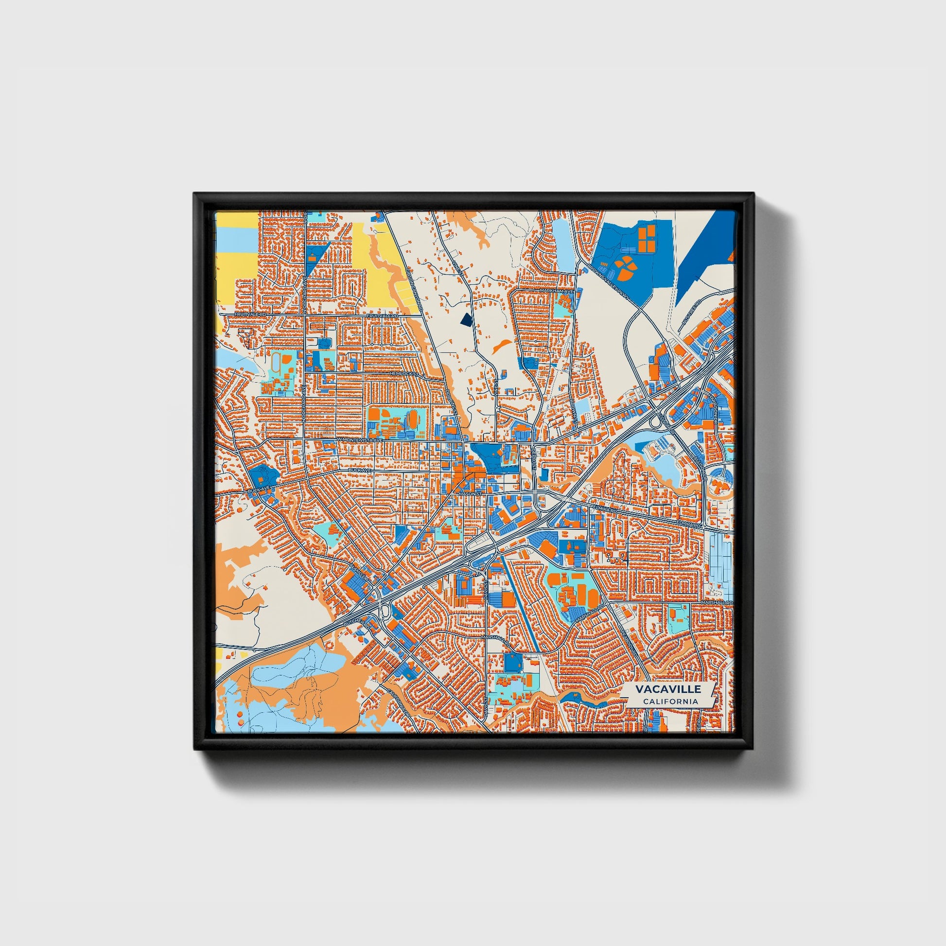Vacaville California Colorful City Map Canvas Print • Black Framed
