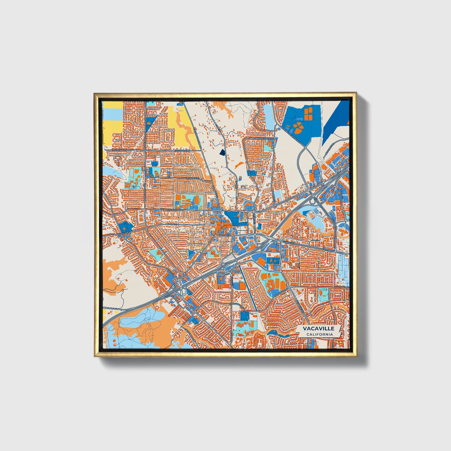Vacaville California Colorful City Map Canvas Print • Gold Framed