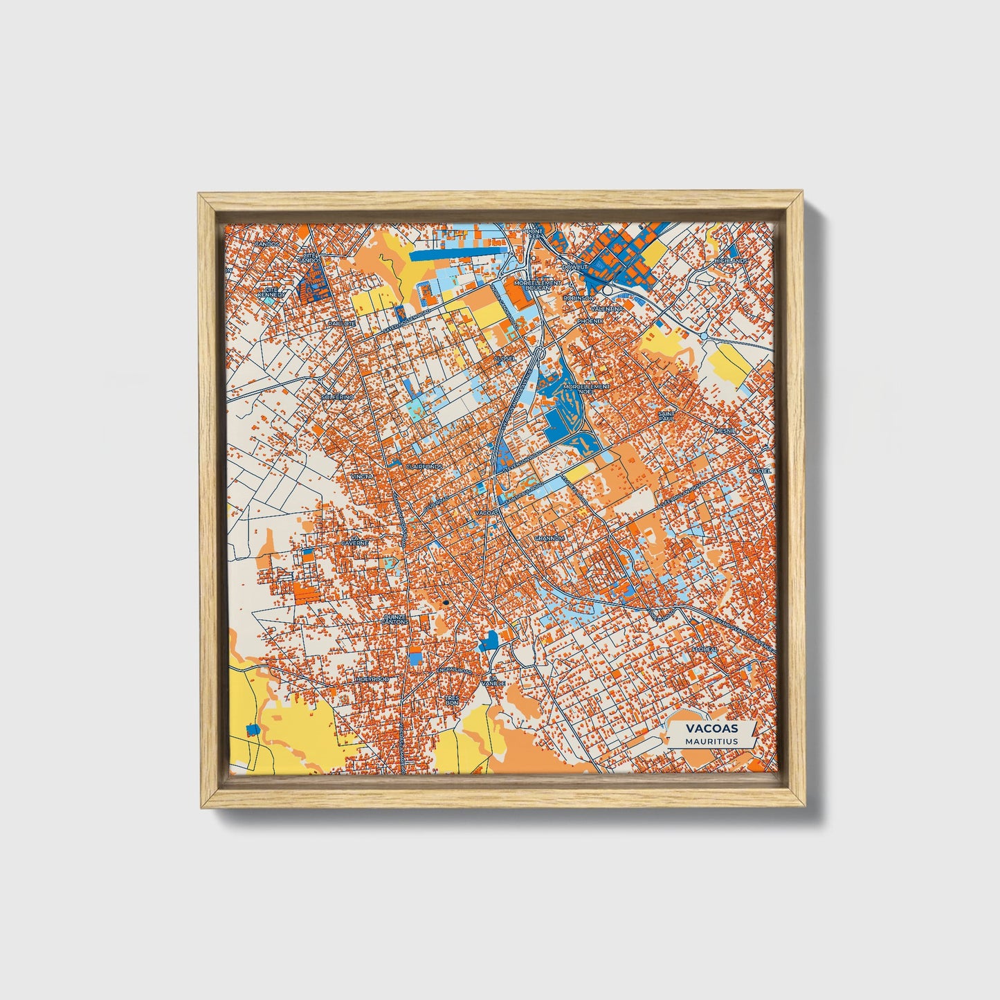 Vacoas Mauritius Colorful City Map Canvas Print • Natural Wooden Framed