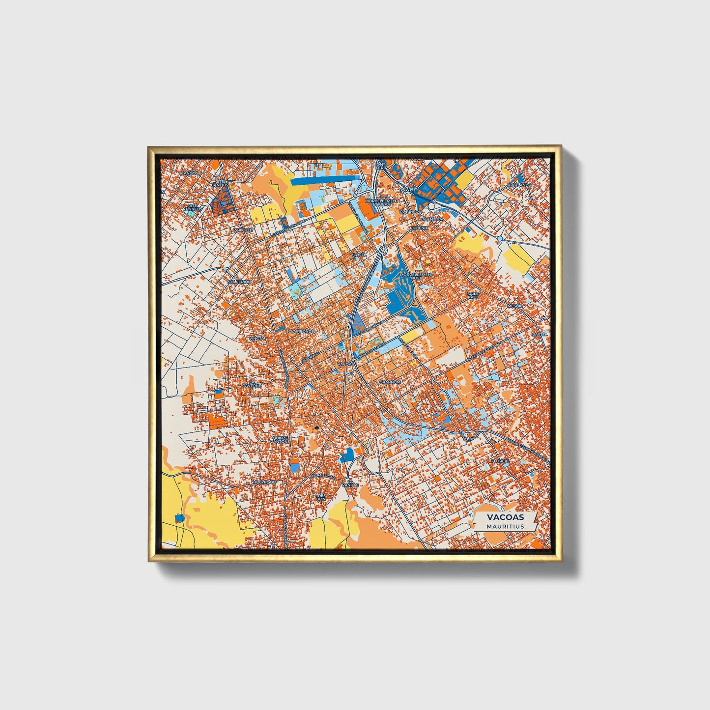 Vacoas Mauritius Colorful City Map Canvas Print • Gold Framed