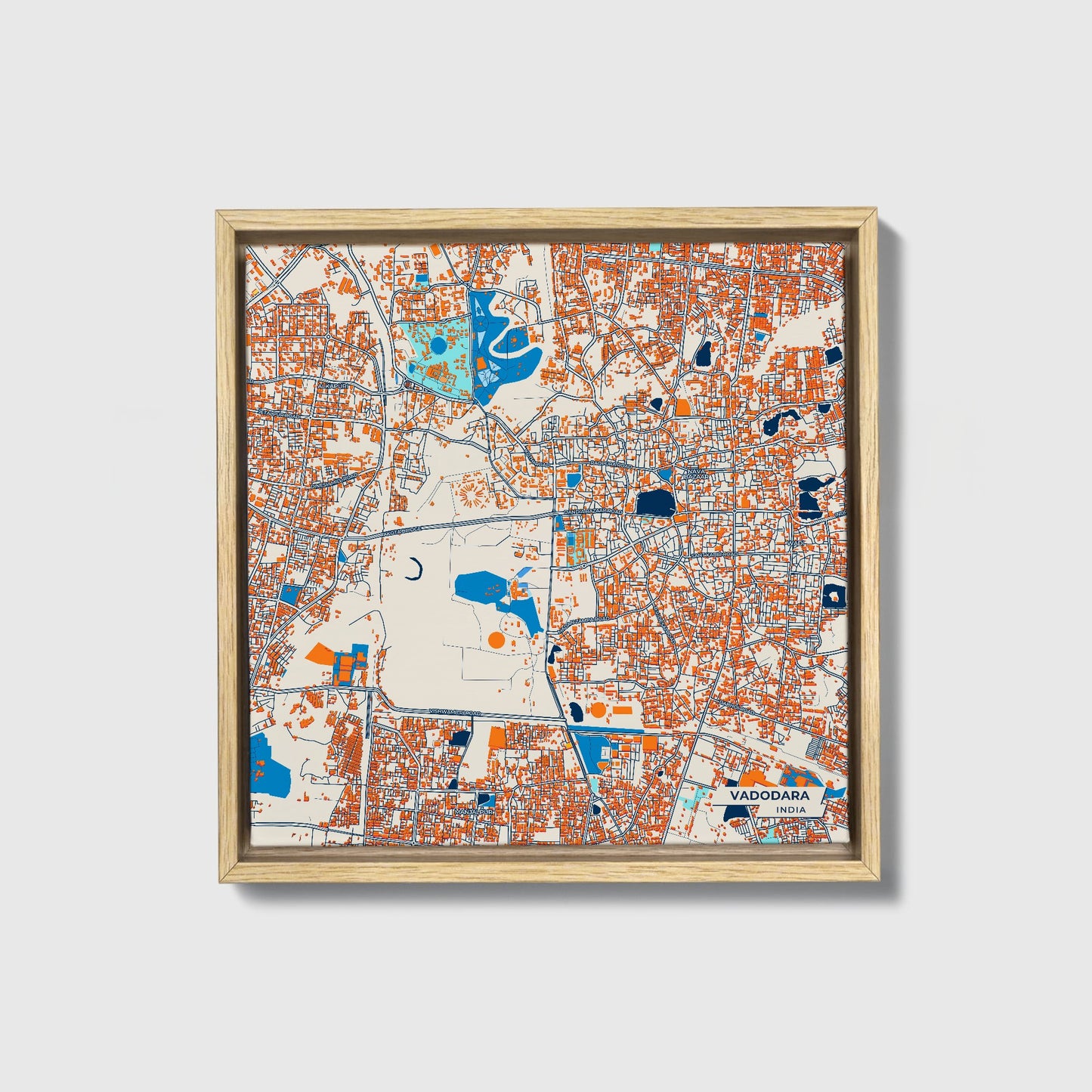 Vadodara India Colorful City Map Canvas Print • Natural Wooden Framed