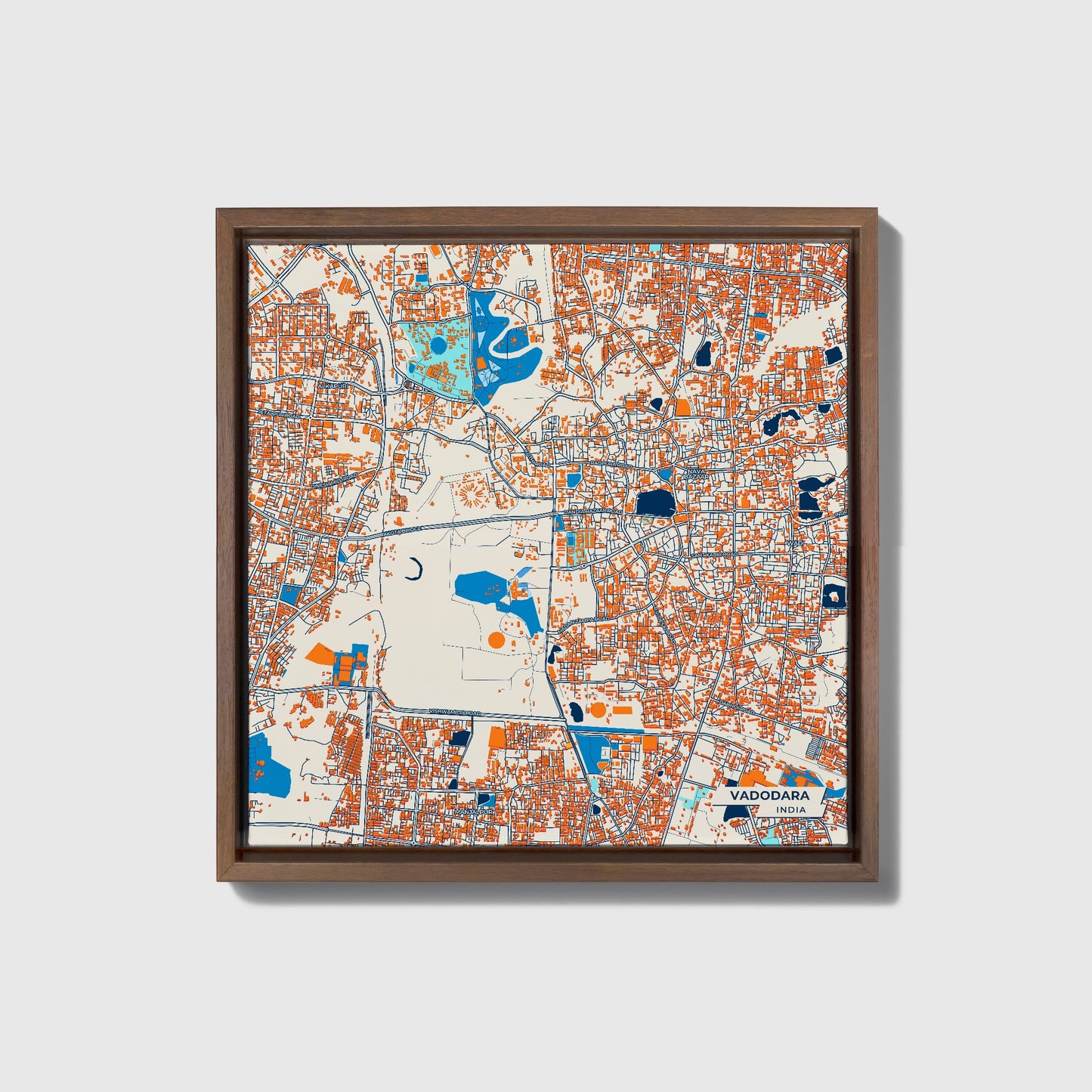 Vadodara India Colorful City Map Canvas Print • Dark Wooden Framed