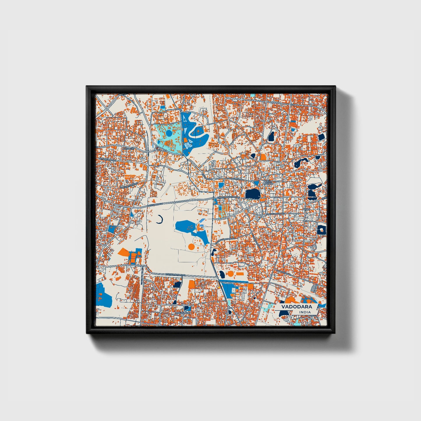 Vadodara India Colorful City Map Canvas Print • Black Framed