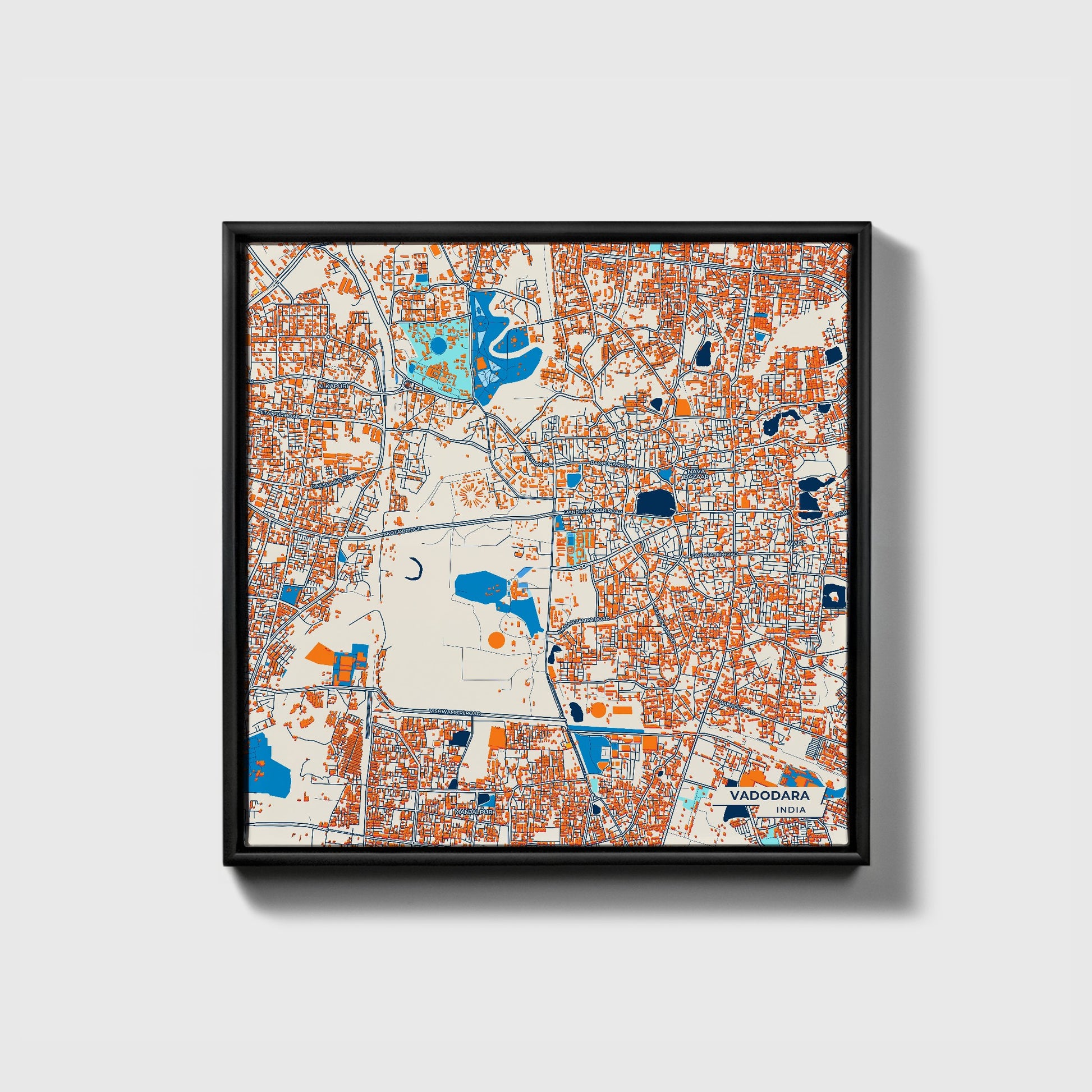 Vadodara India Colorful City Map Canvas Print • Black Framed