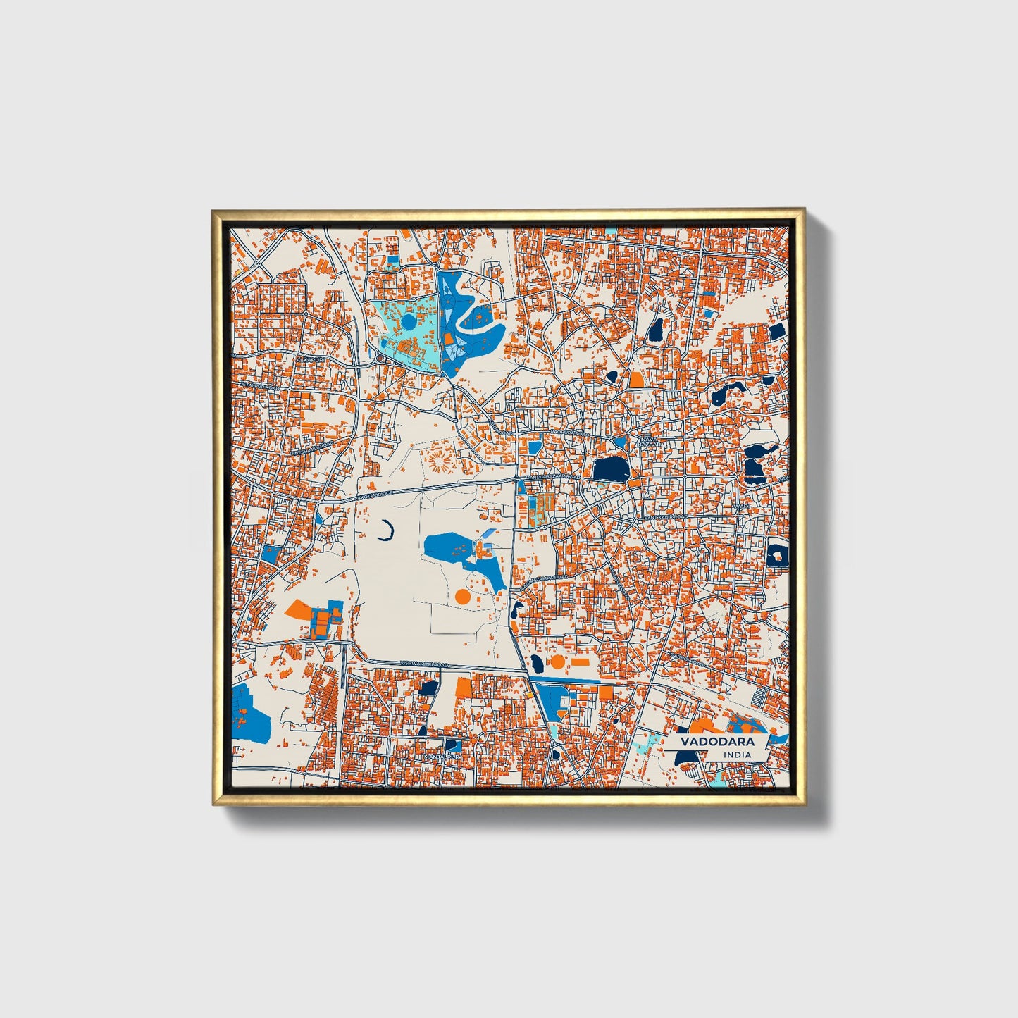 Vadodara India Colorful City Map Canvas Print • Gold Framed