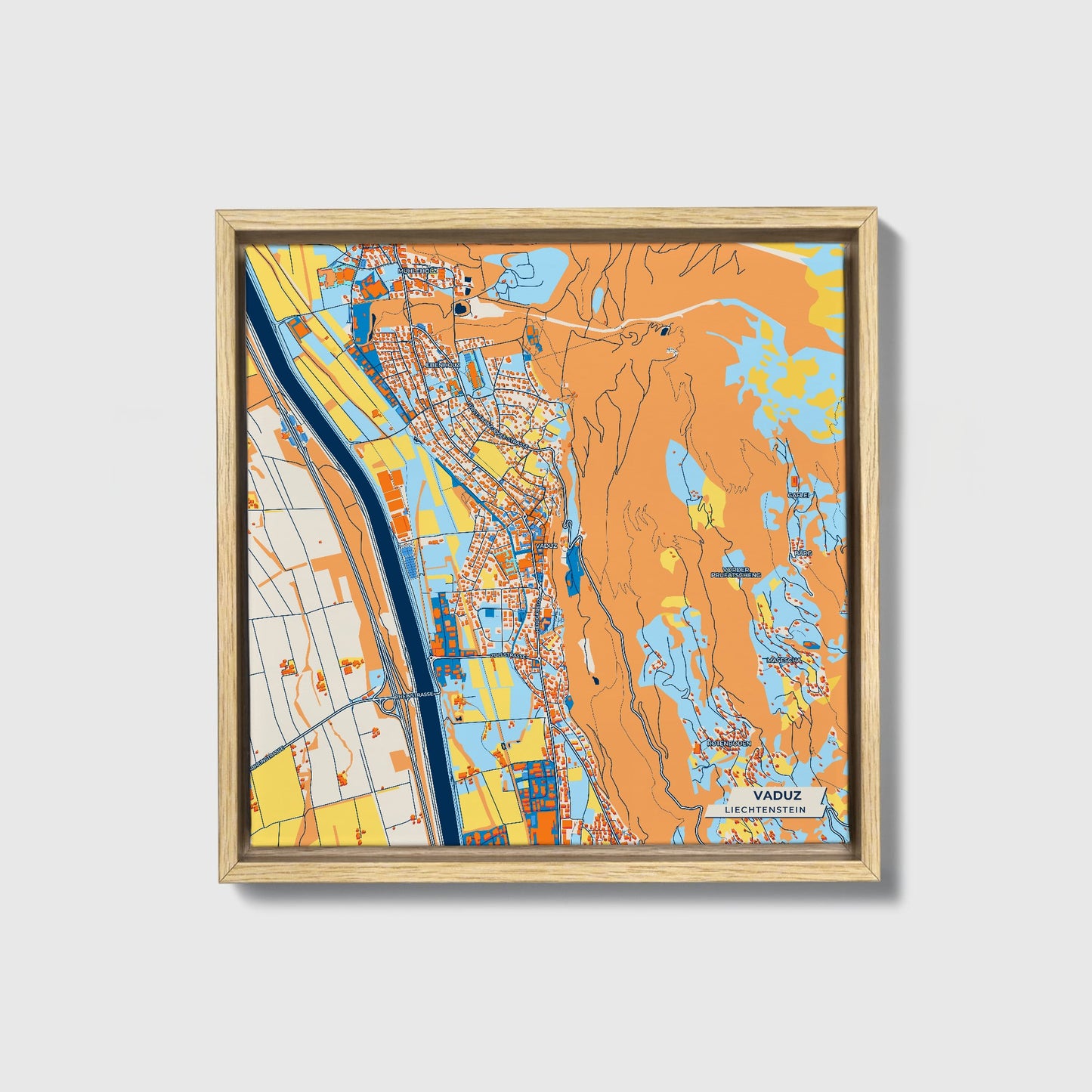 Vaduz Liechtenstein Colorful City Map Canvas Print • Natural Wooden Framed