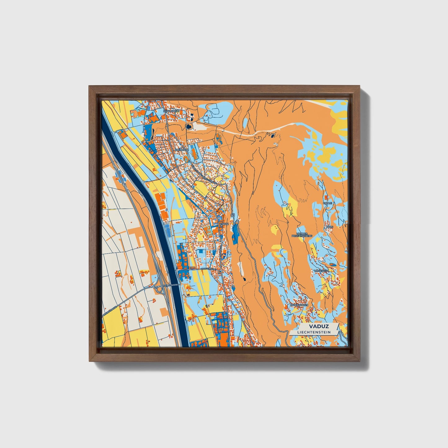 Vaduz Liechtenstein Colorful City Map Canvas Print • Dark Wooden Framed