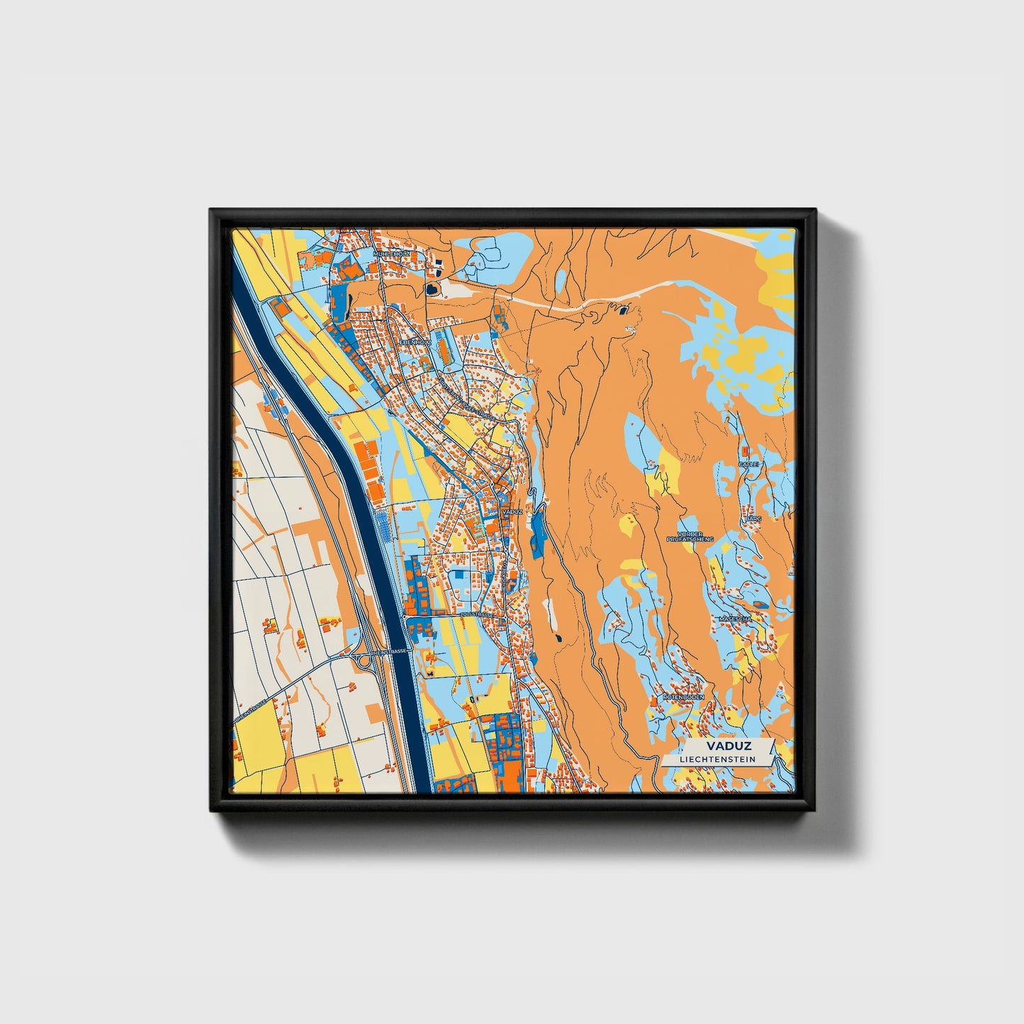 Vaduz Liechtenstein Colorful City Map Canvas Print • Black Framed