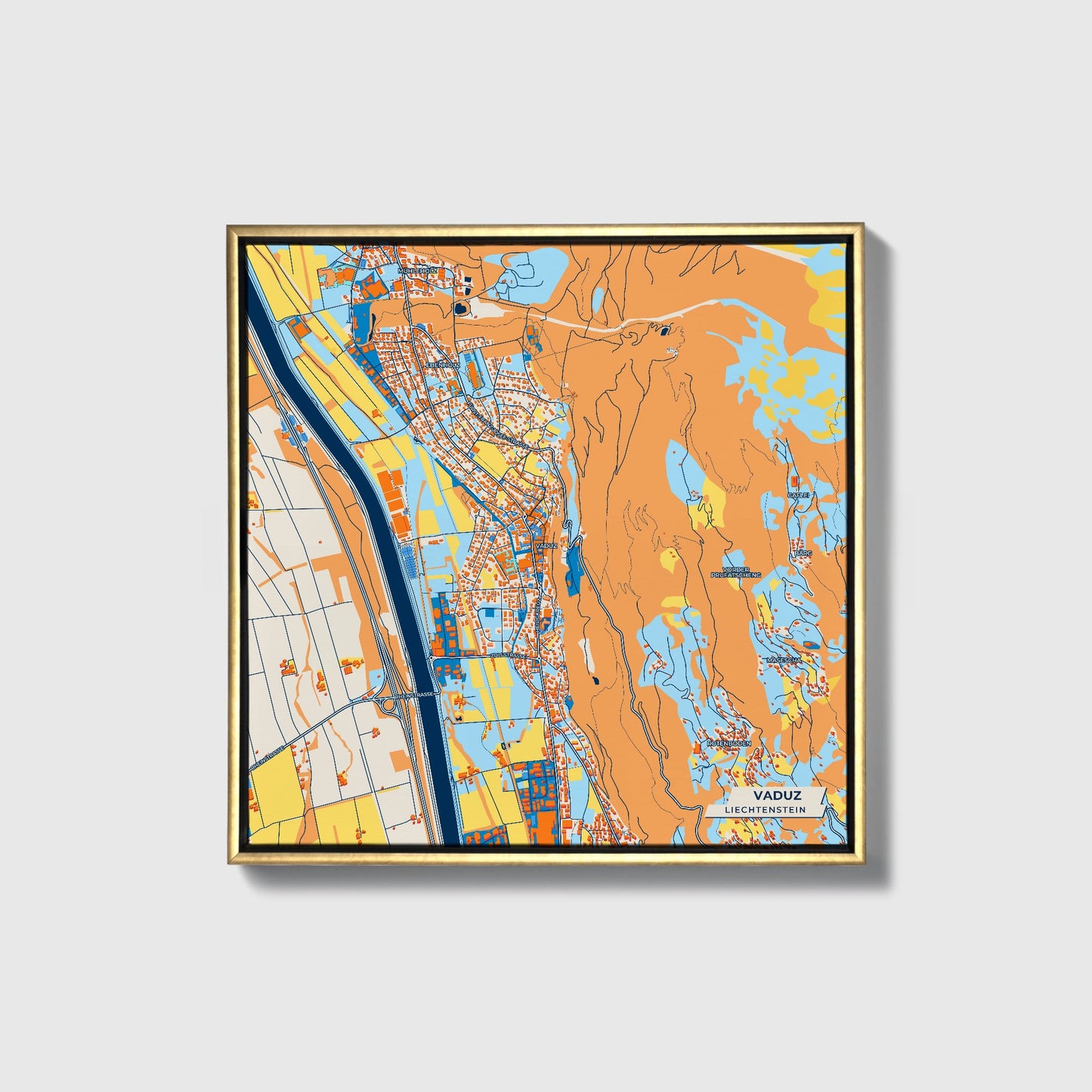 Vaduz Liechtenstein Colorful City Map Canvas Print • Gold Framed