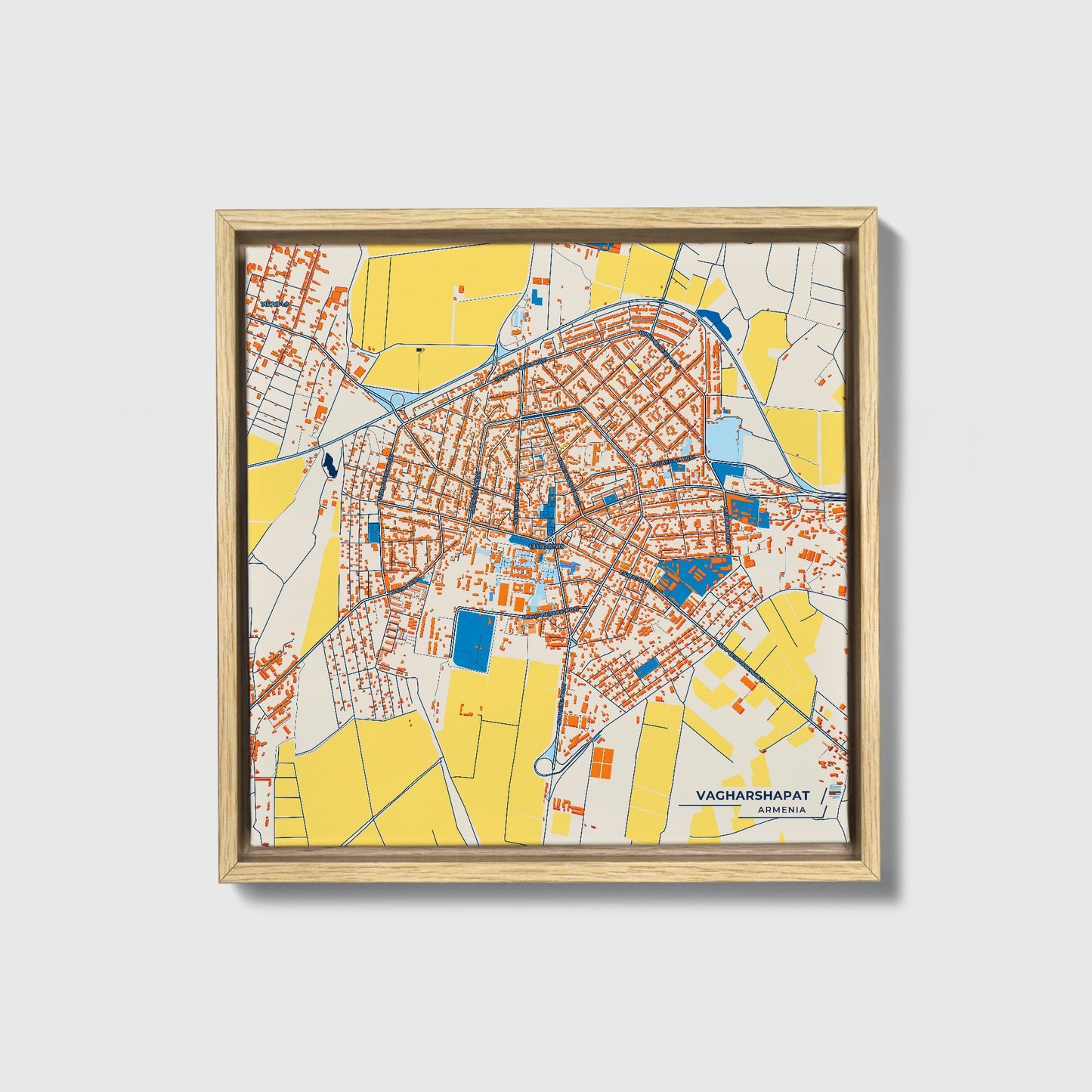 Vagharshapat Armenia Colorful City Map Canvas Print • Natural Wooden Framed