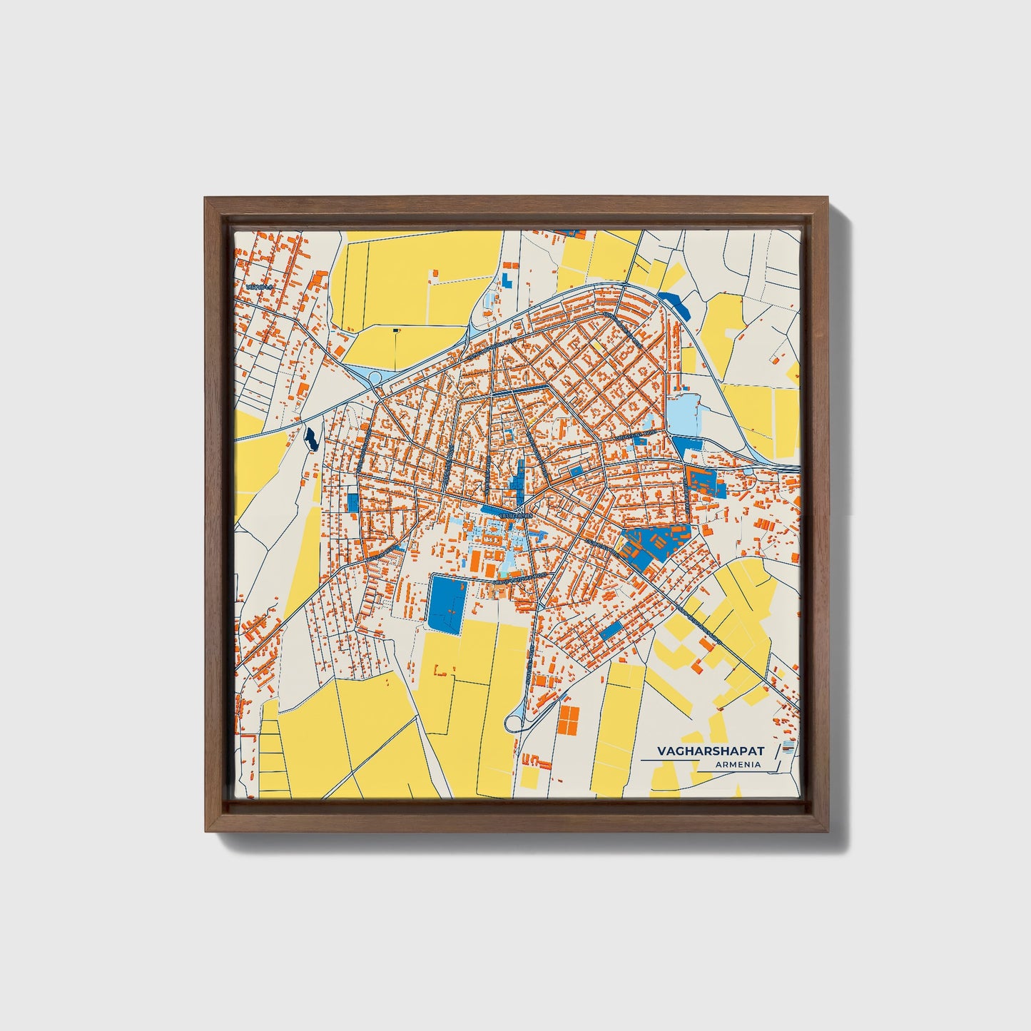 Vagharshapat Armenia Colorful City Map Canvas Print • Dark Wooden Framed