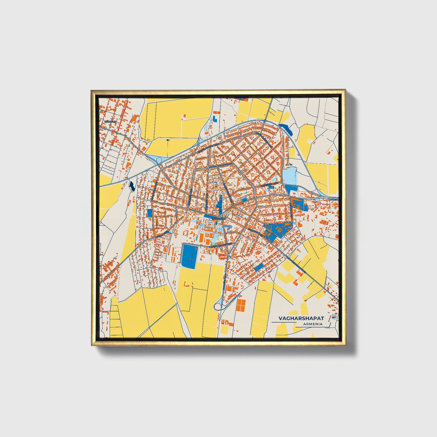 Vagharshapat Armenia Colorful City Map Canvas Print • Gold Framed