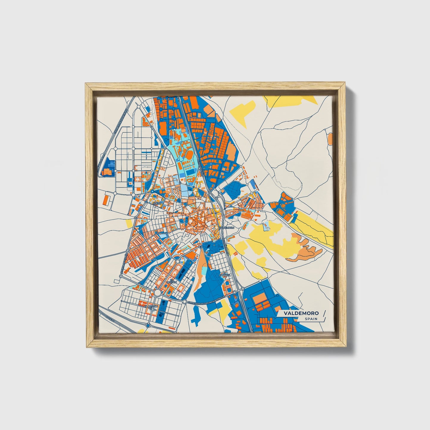 Valdemoro Spain Colorful City Map Canvas Print • Natural Wooden Framed
