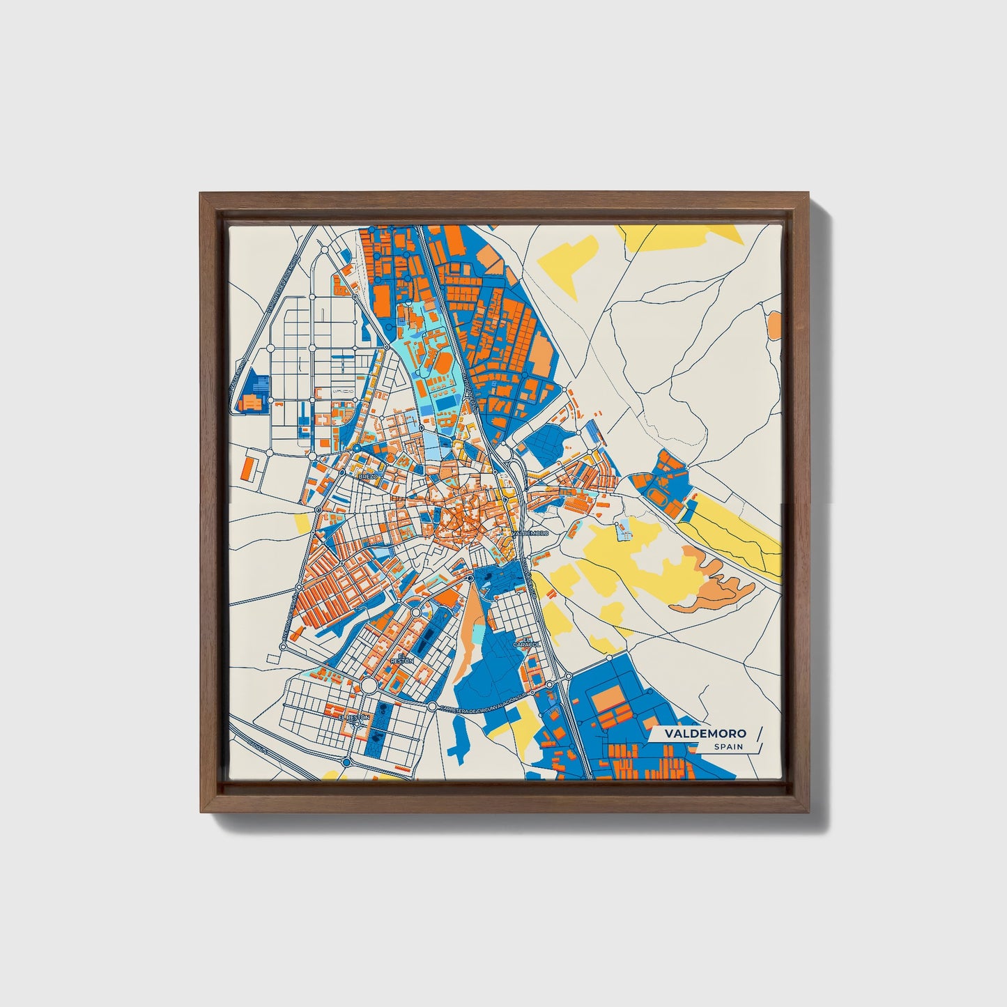 Valdemoro Spain Colorful City Map Canvas Print • Dark Wooden Framed