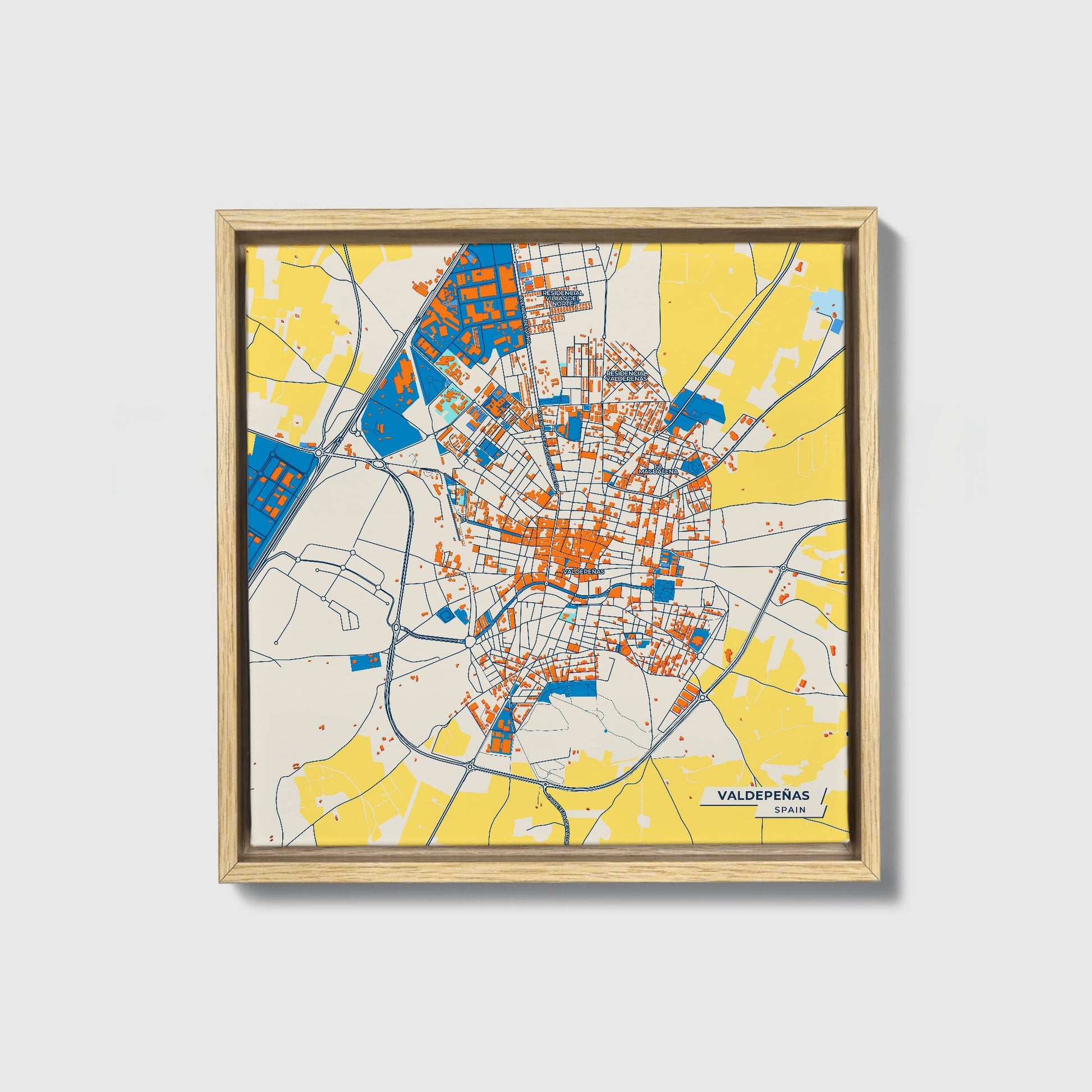 Valdepeñas Spain Colorful City Map Canvas Print • Natural Wooden Framed