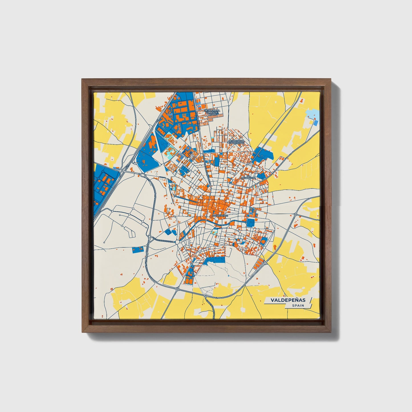 Valdepeñas Spain Colorful City Map Canvas Print • Dark Wooden Framed