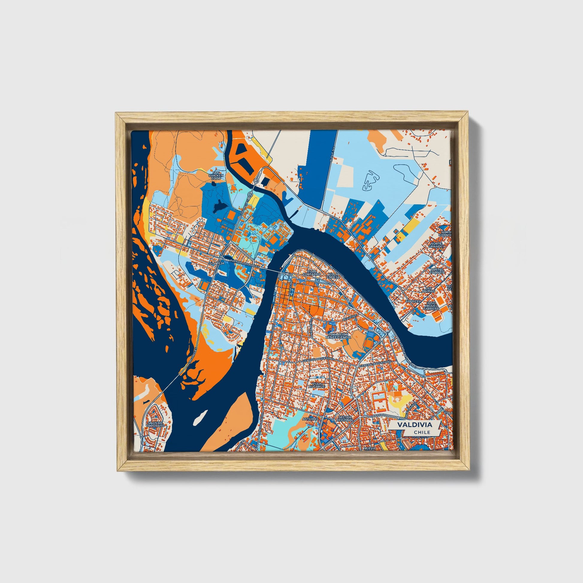 Valdivia Chile Colorful City Map Canvas Print • Natural Wooden Framed