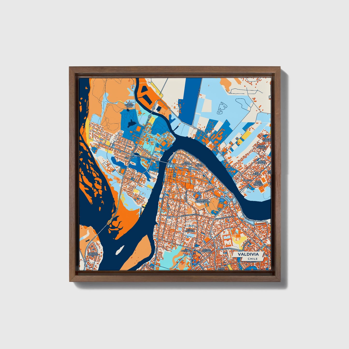 Valdivia Chile Colorful City Map Canvas Print • Dark Wooden Framed