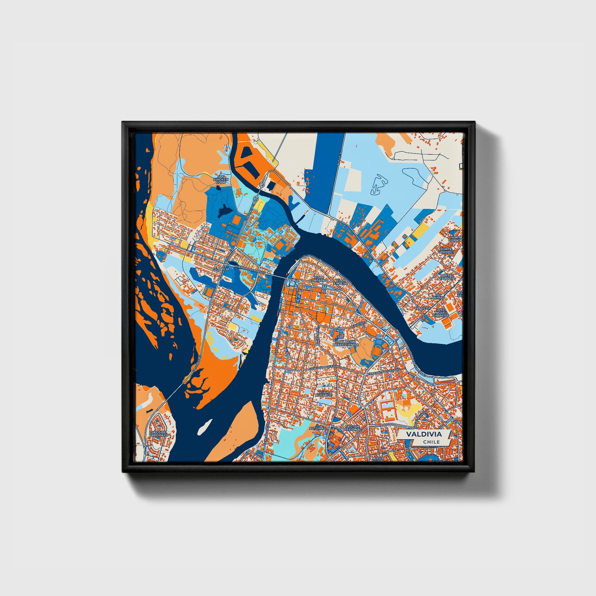 Valdivia Chile Colorful City Map Canvas Print • Black Framed