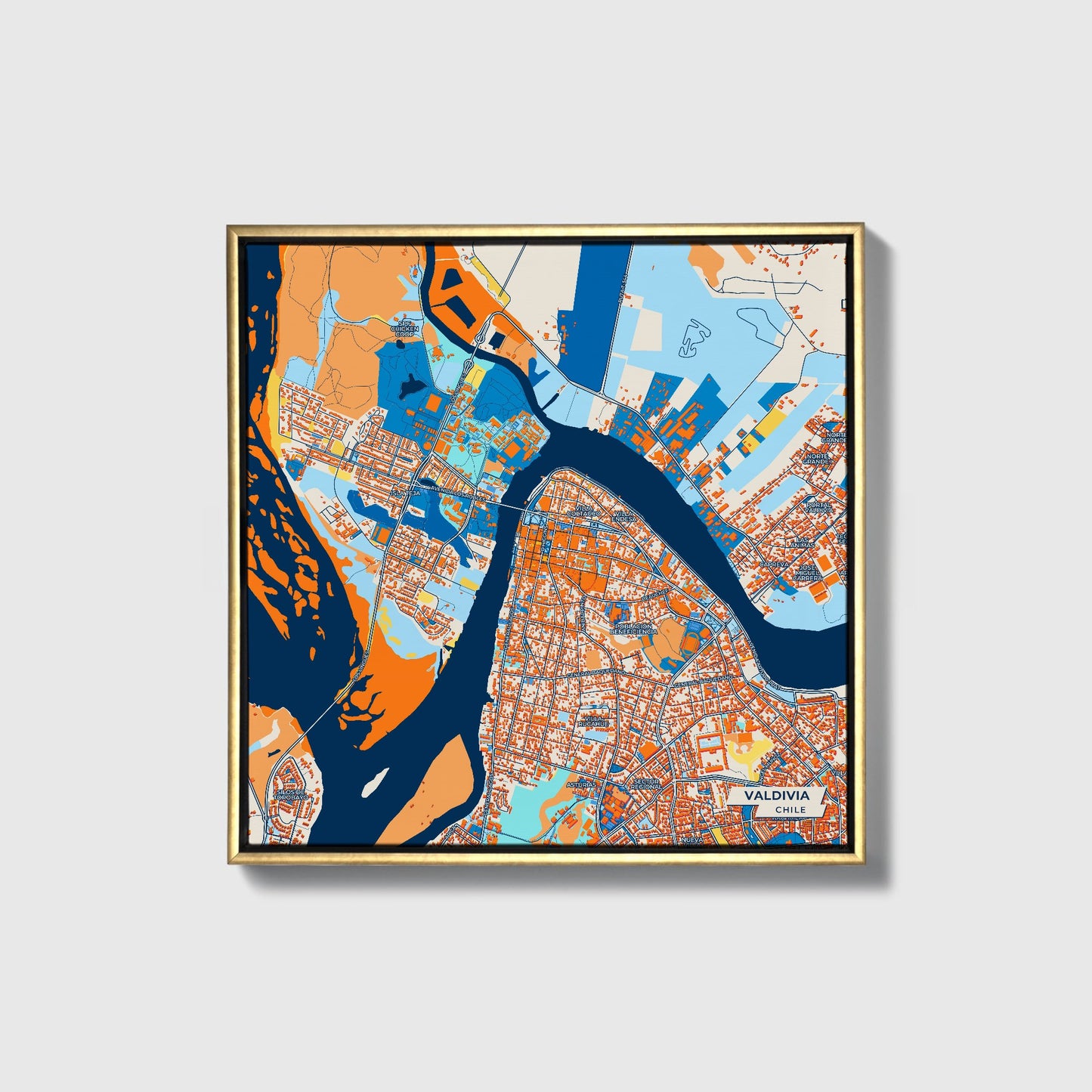 Valdivia Chile Colorful City Map Canvas Print • Gold Framed