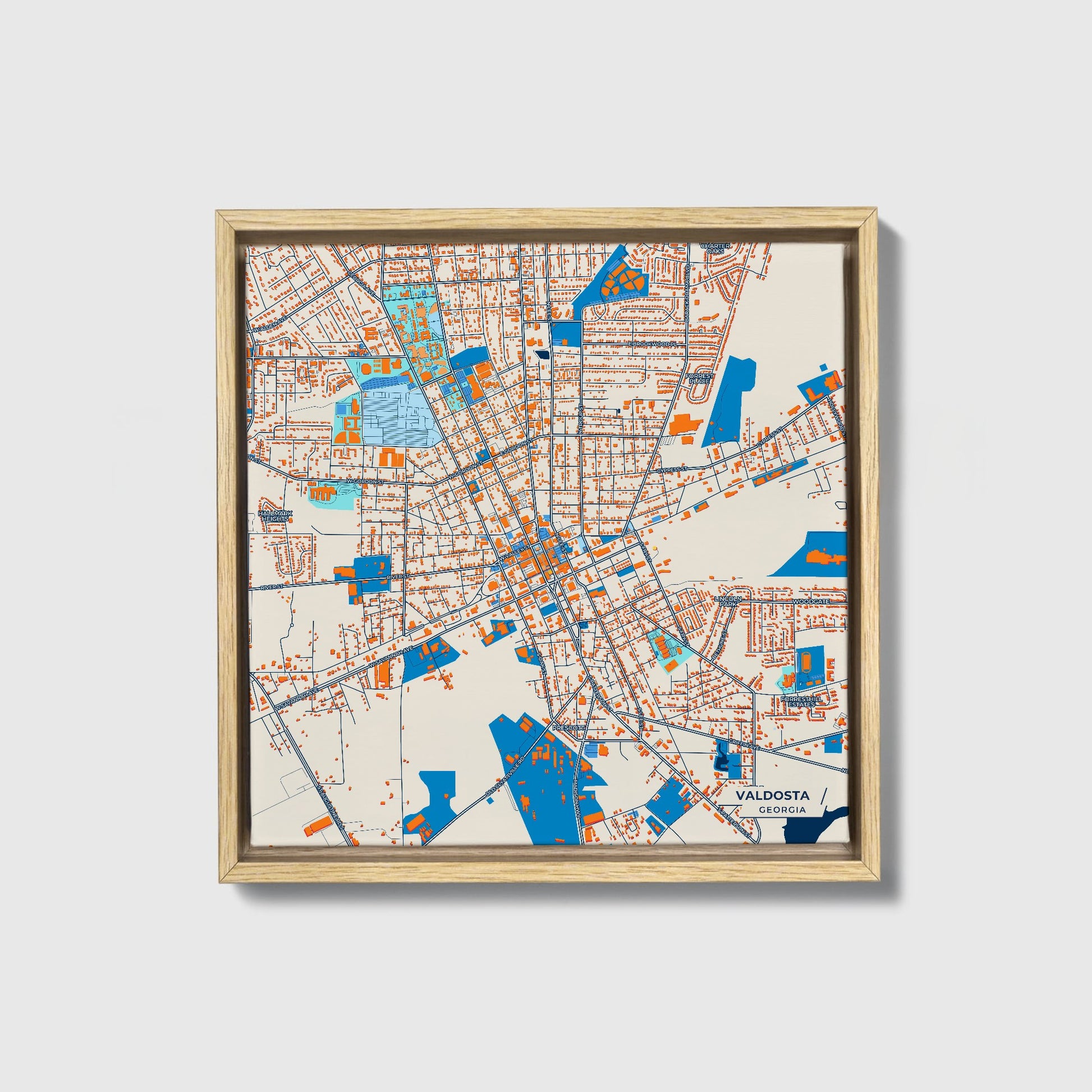 Valdosta Georgia Colorful City Map Canvas Print • Natural Wooden Framed