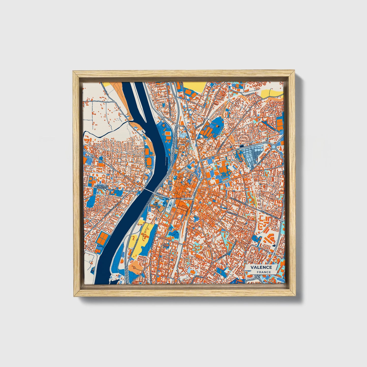 Valence France Colorful City Map Canvas Print • Natural Wooden Framed