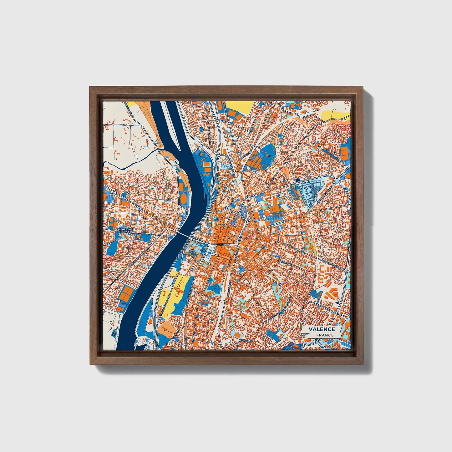 Valence France Colorful City Map Canvas Print • Dark Wooden Framed