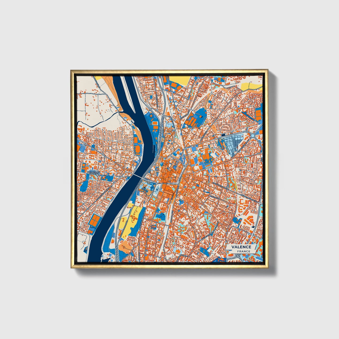 Valence France Colorful City Map Canvas Print • Gold Framed